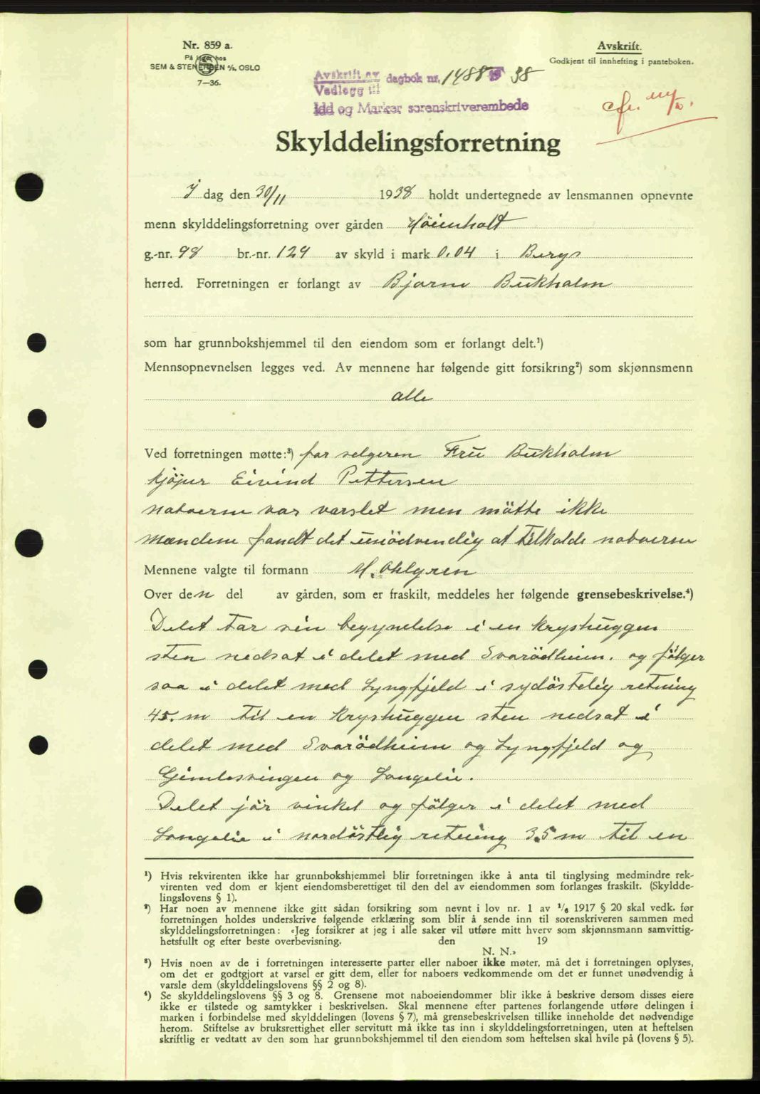 Idd og Marker sorenskriveri, AV/SAO-A-10283/G/Gb/Gbb/L0003: Mortgage book no. A3, 1938-1939, Diary no: : 1488/1938