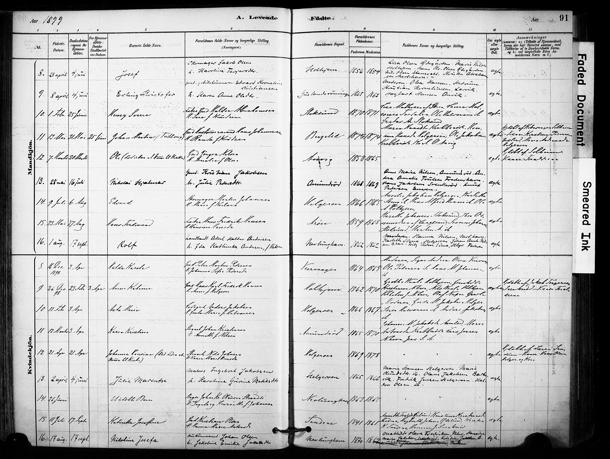 Brunlanes kirkebøker, AV/SAKO-A-342/F/Fb/L0001: Parish register (official) no. II 1, 1878-1899, p. 91