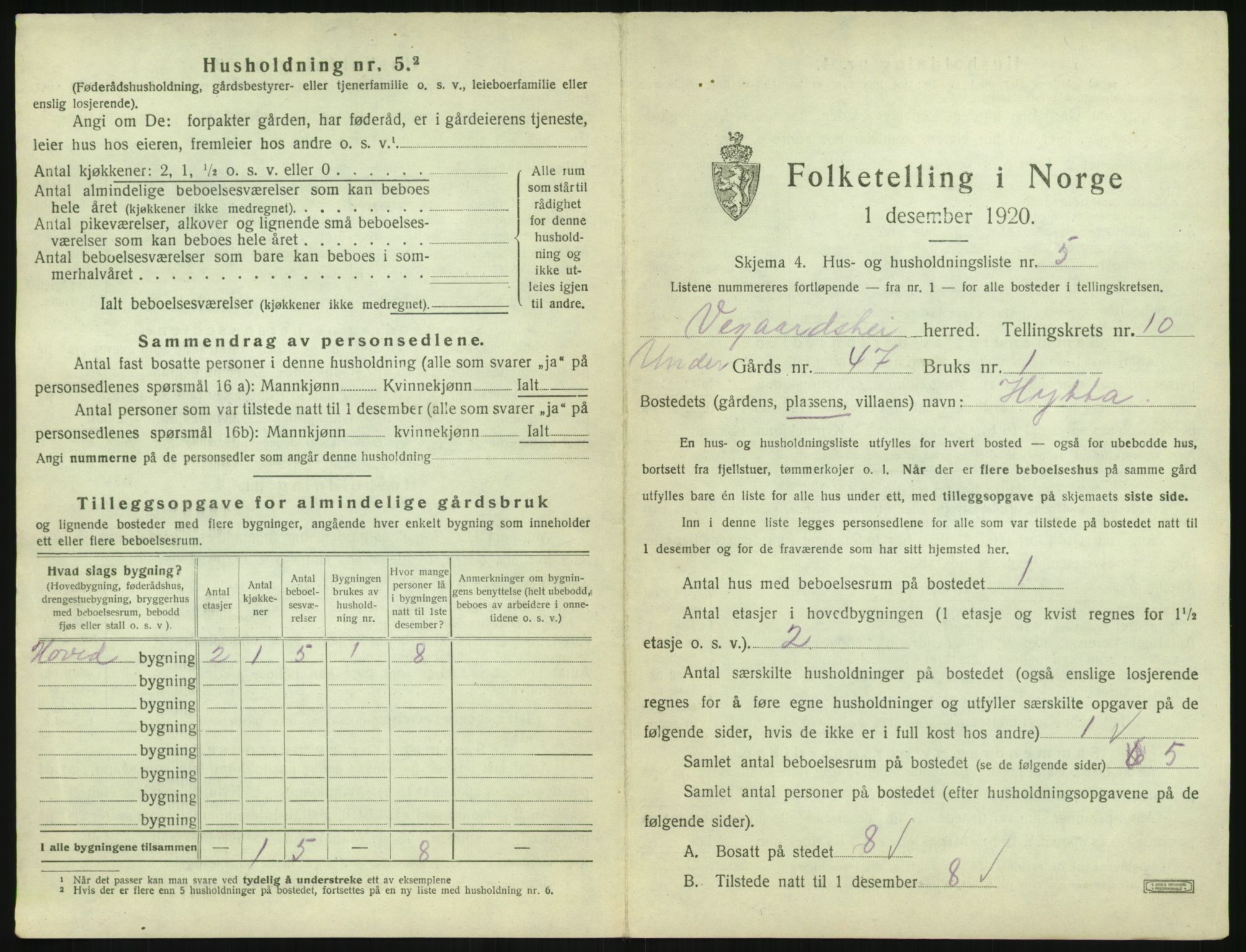 SAK, 1920 census for Vegårshei, 1920, p. 518