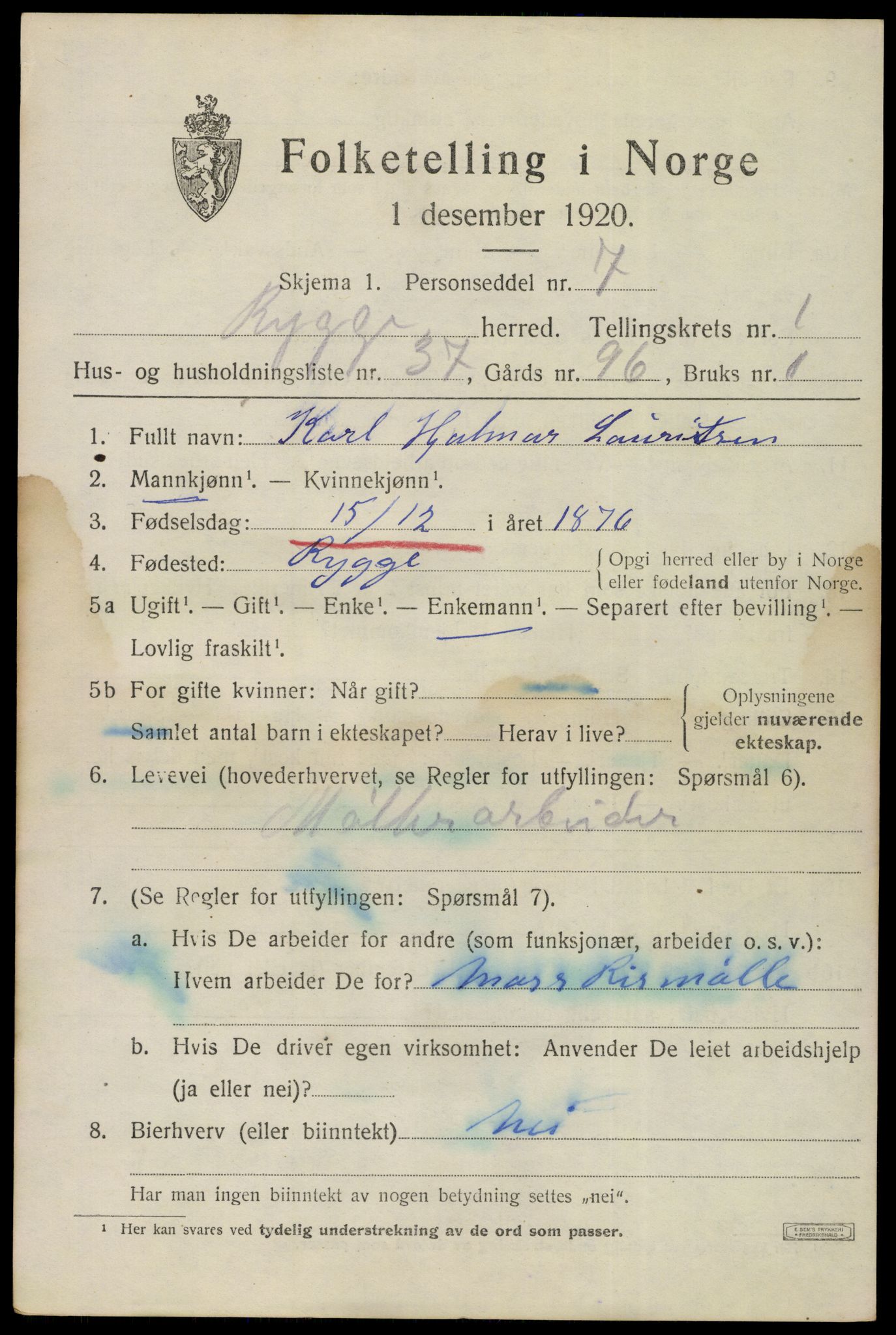 SAO, 1920 census for Rygge, 1920, p. 2299