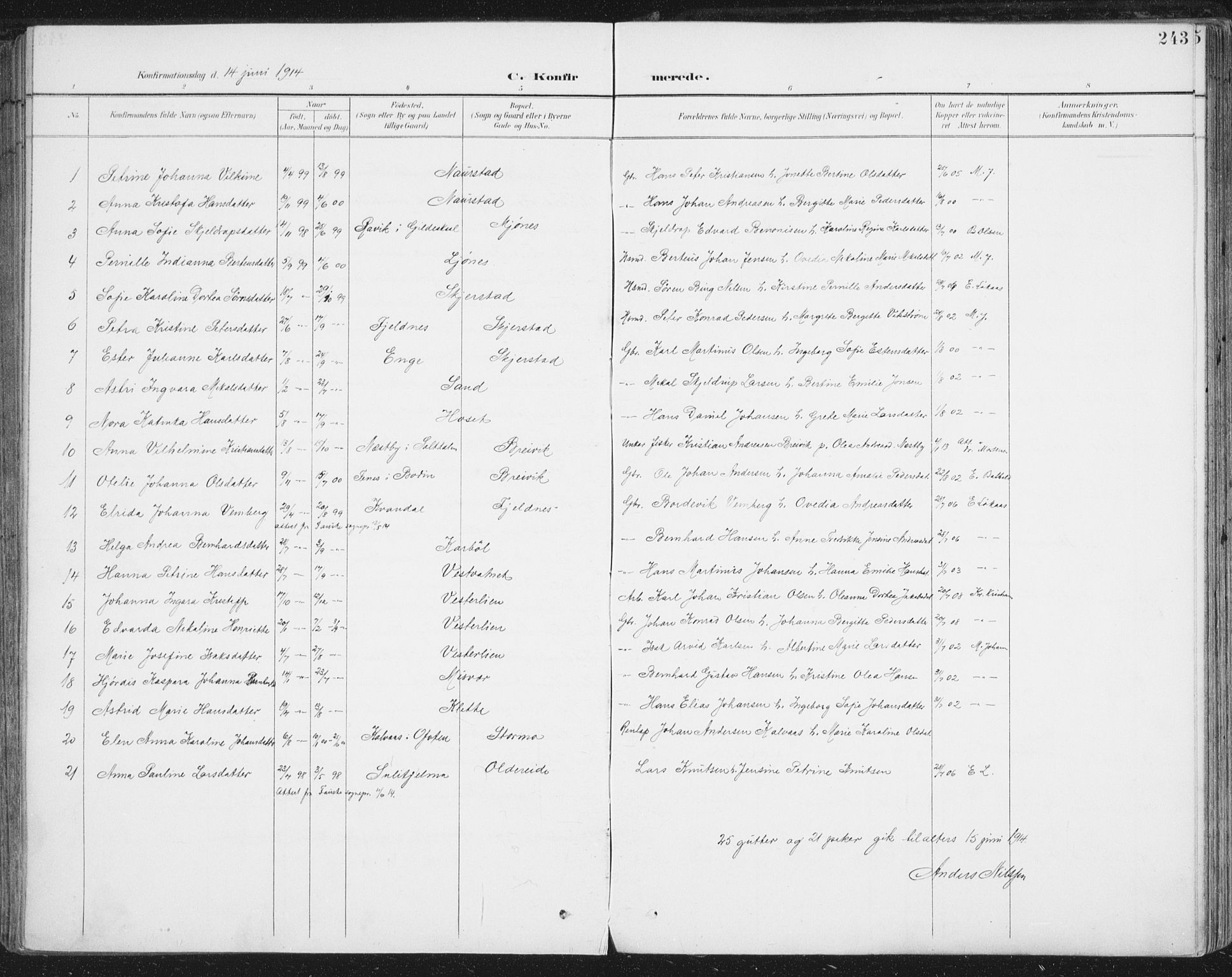 Ministerialprotokoller, klokkerbøker og fødselsregistre - Nordland, AV/SAT-A-1459/852/L0741: Parish register (official) no. 852A11, 1894-1917, p. 243