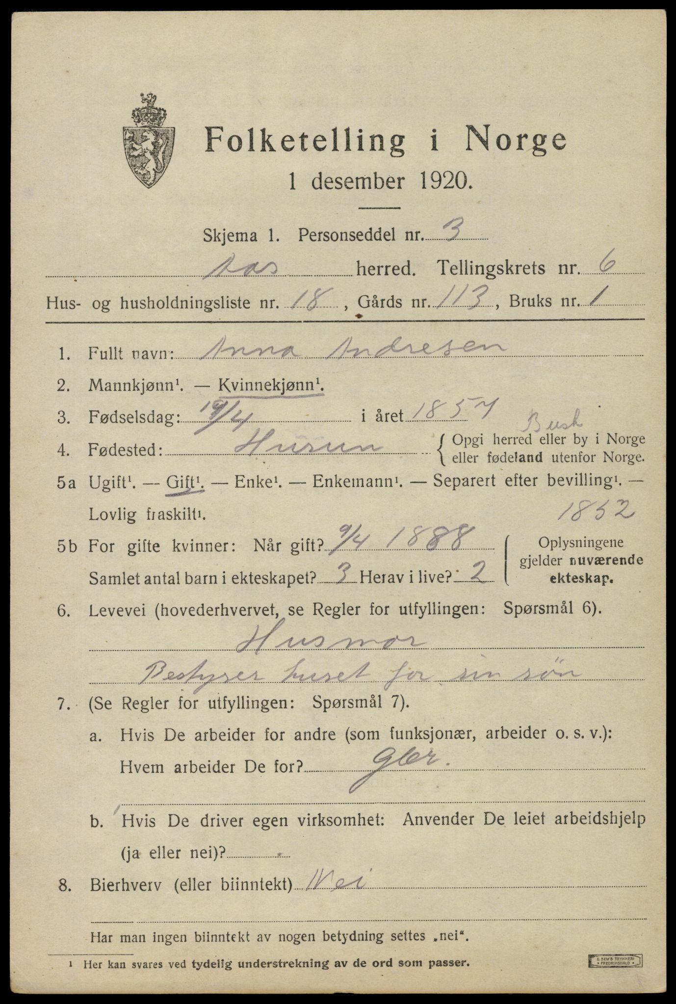 SAO, 1920 census for Ås, 1920, p. 7030