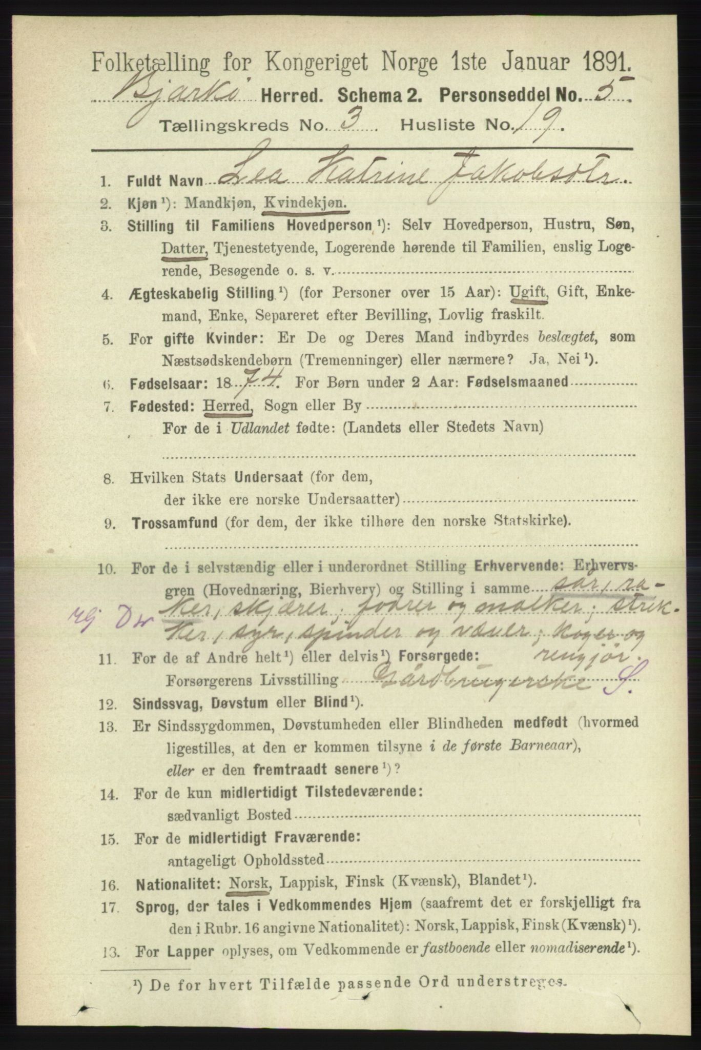 RA, 1891 census for 1915 Bjarkøy, 1891, p. 1654