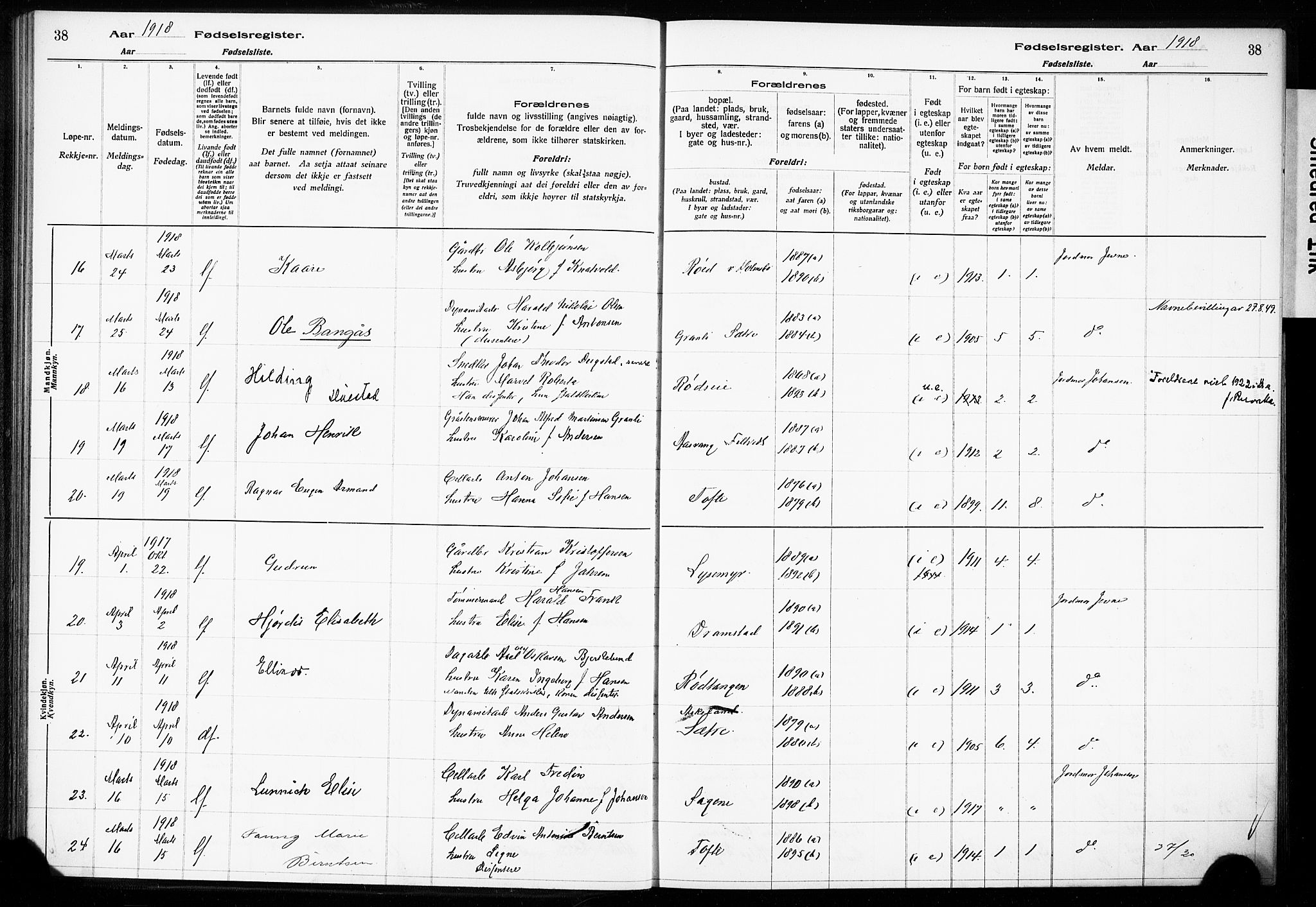 Hurum kirkebøker, AV/SAKO-A-229/J/Ja/L0001: Birth register no. 1, 1916-1928, p. 38