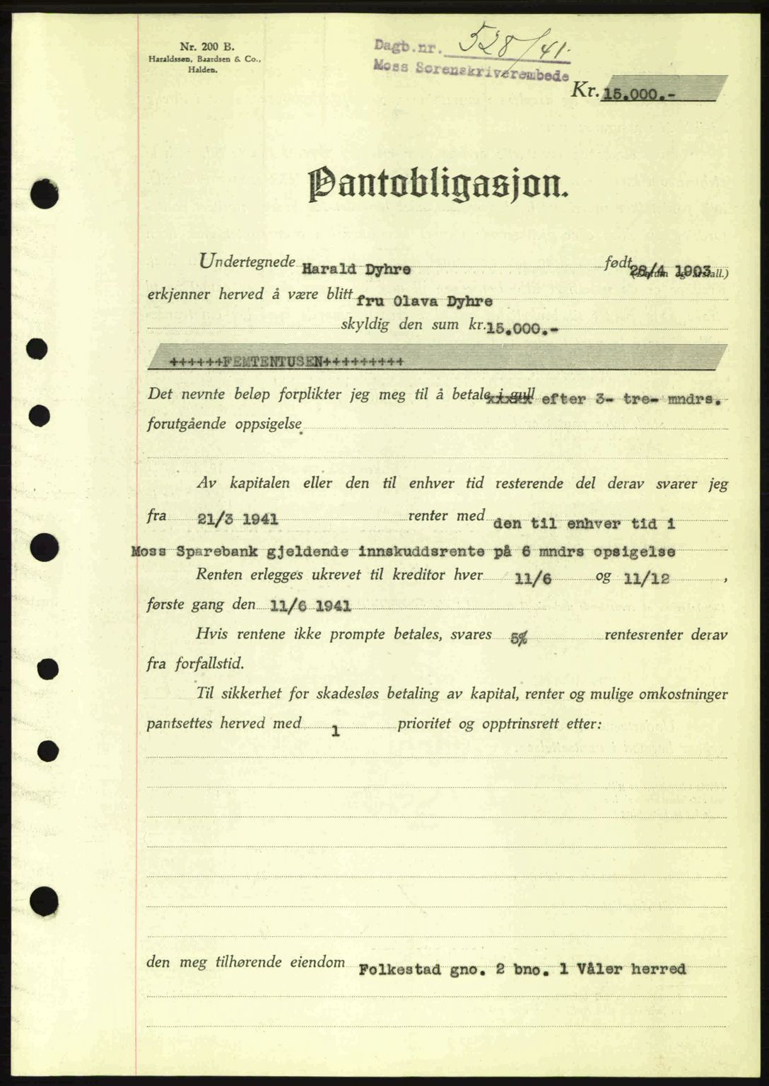 Moss sorenskriveri, SAO/A-10168: Mortgage book no. B10, 1940-1941, Diary no: : 528/1941
