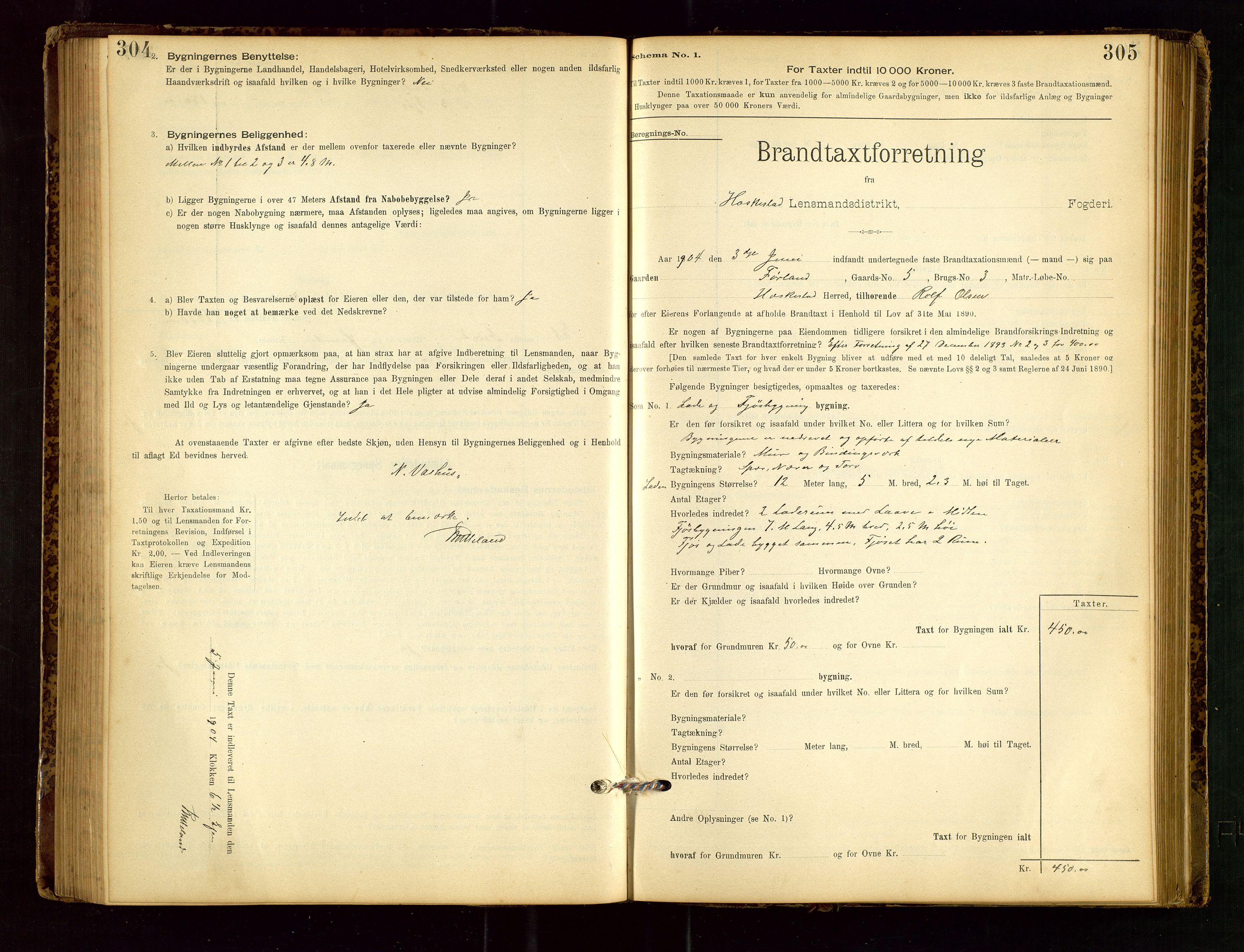 Heskestad lensmannskontor, AV/SAST-A-100304/Gob/L0001: "Brandtaxationsprotokol", 1894-1915, p. 304-305