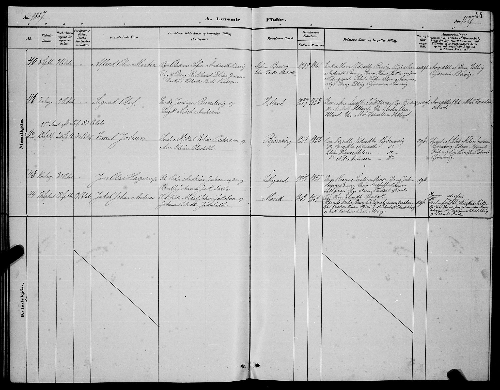 Ministerialprotokoller, klokkerbøker og fødselsregistre - Nordland, AV/SAT-A-1459/854/L0785: Parish register (copy) no. 854C01, 1883-1891, p. 44