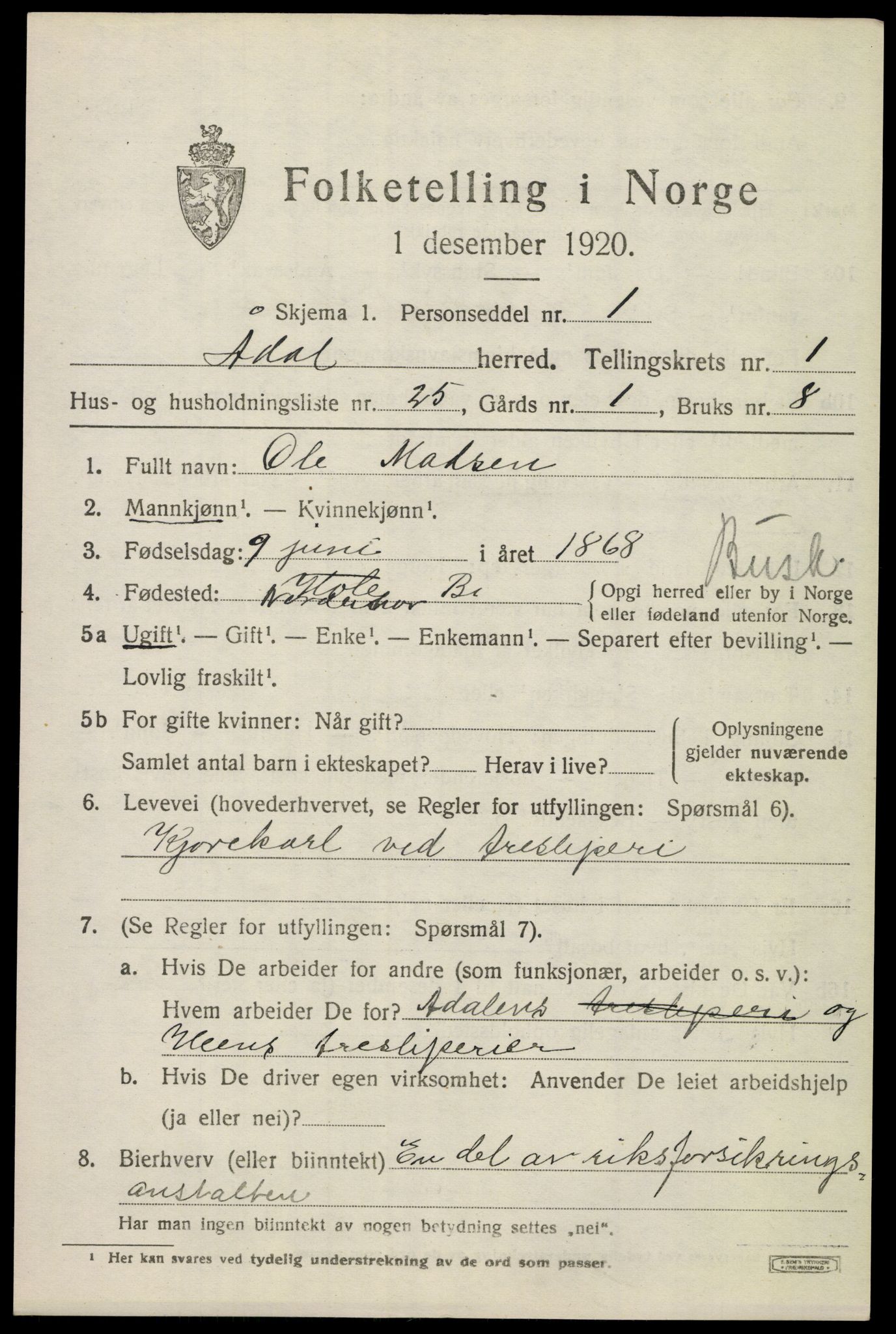 SAKO, 1920 census for Ådal, 1920, p. 1608