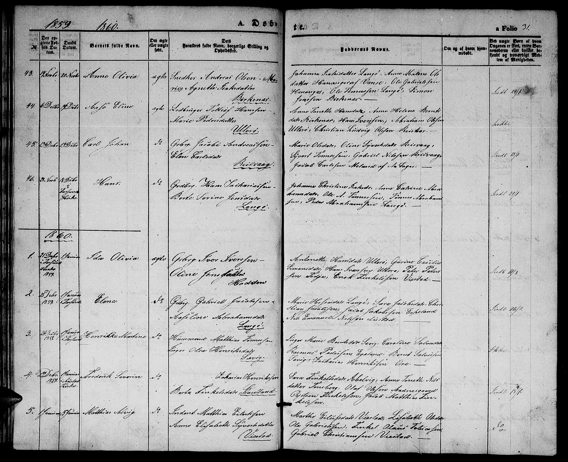 Herad sokneprestkontor, SAK/1111-0018/F/Fb/Fbb/L0002: Parish register (copy) no. B 2, 1853-1871, p. 31