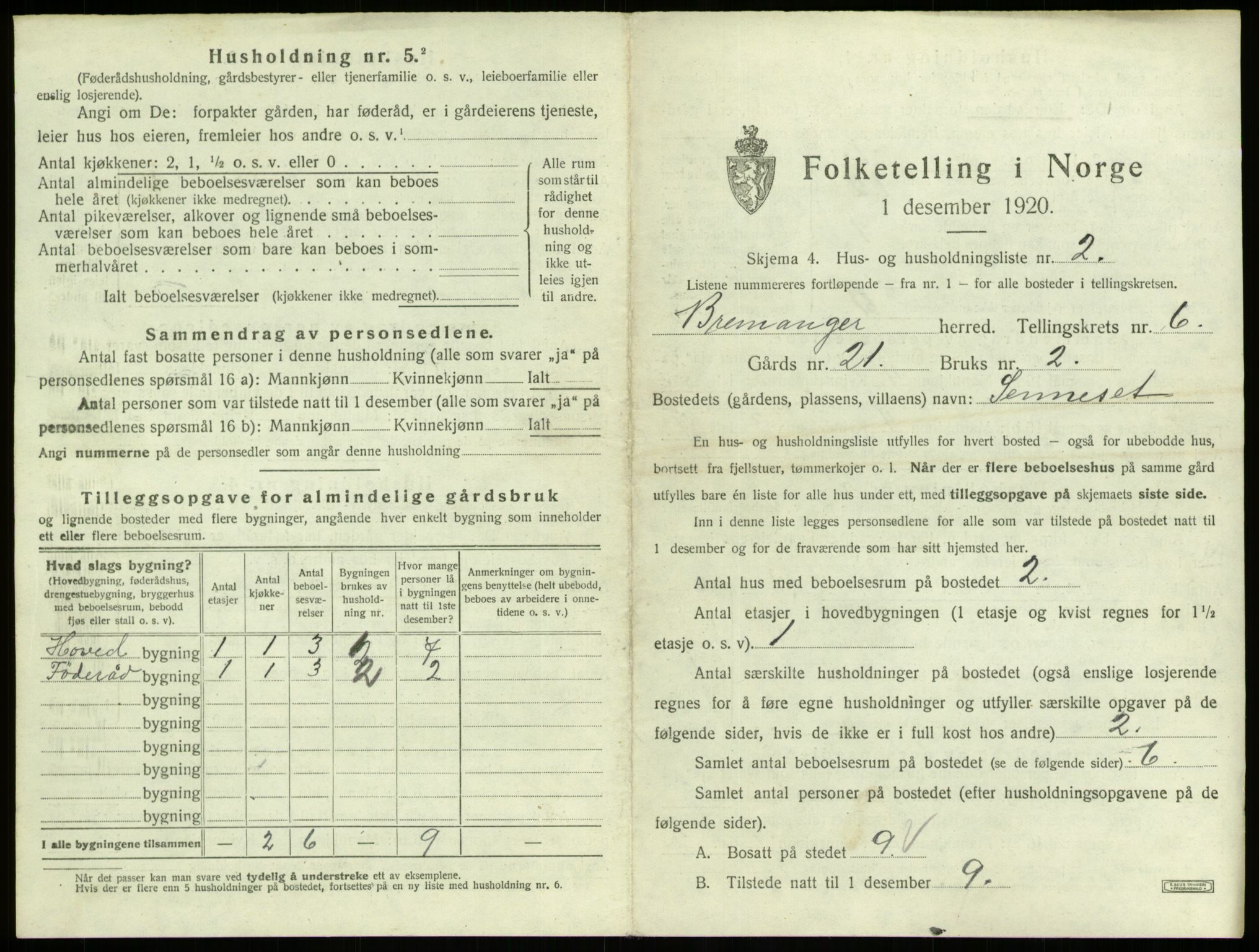 SAB, 1920 census for Bremanger, 1920, p. 512