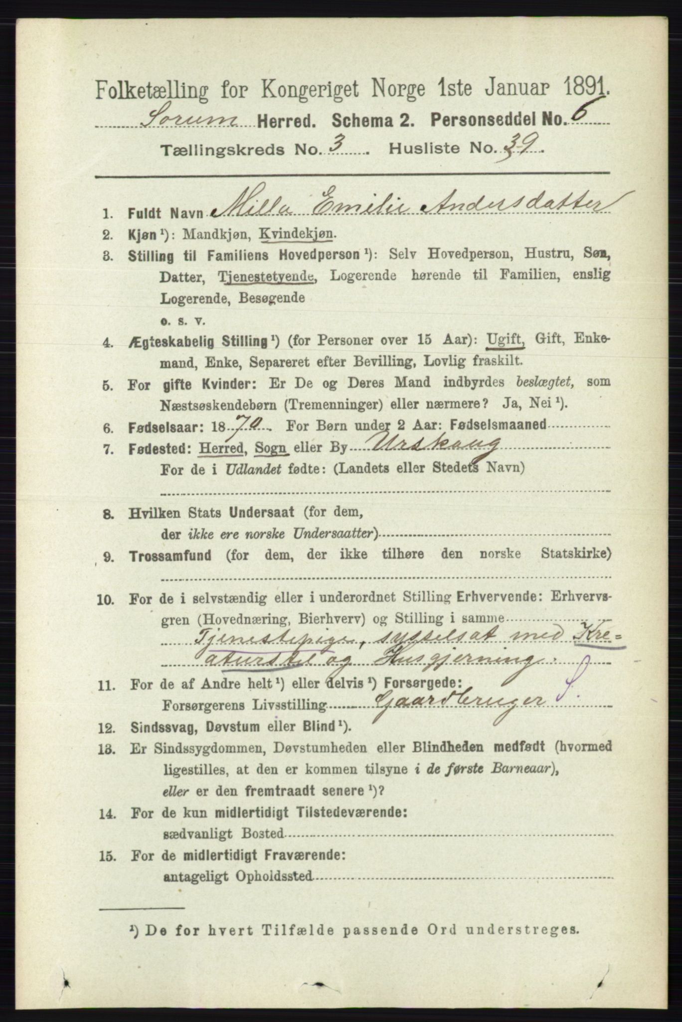 RA, 1891 census for 0226 Sørum, 1891, p. 1501
