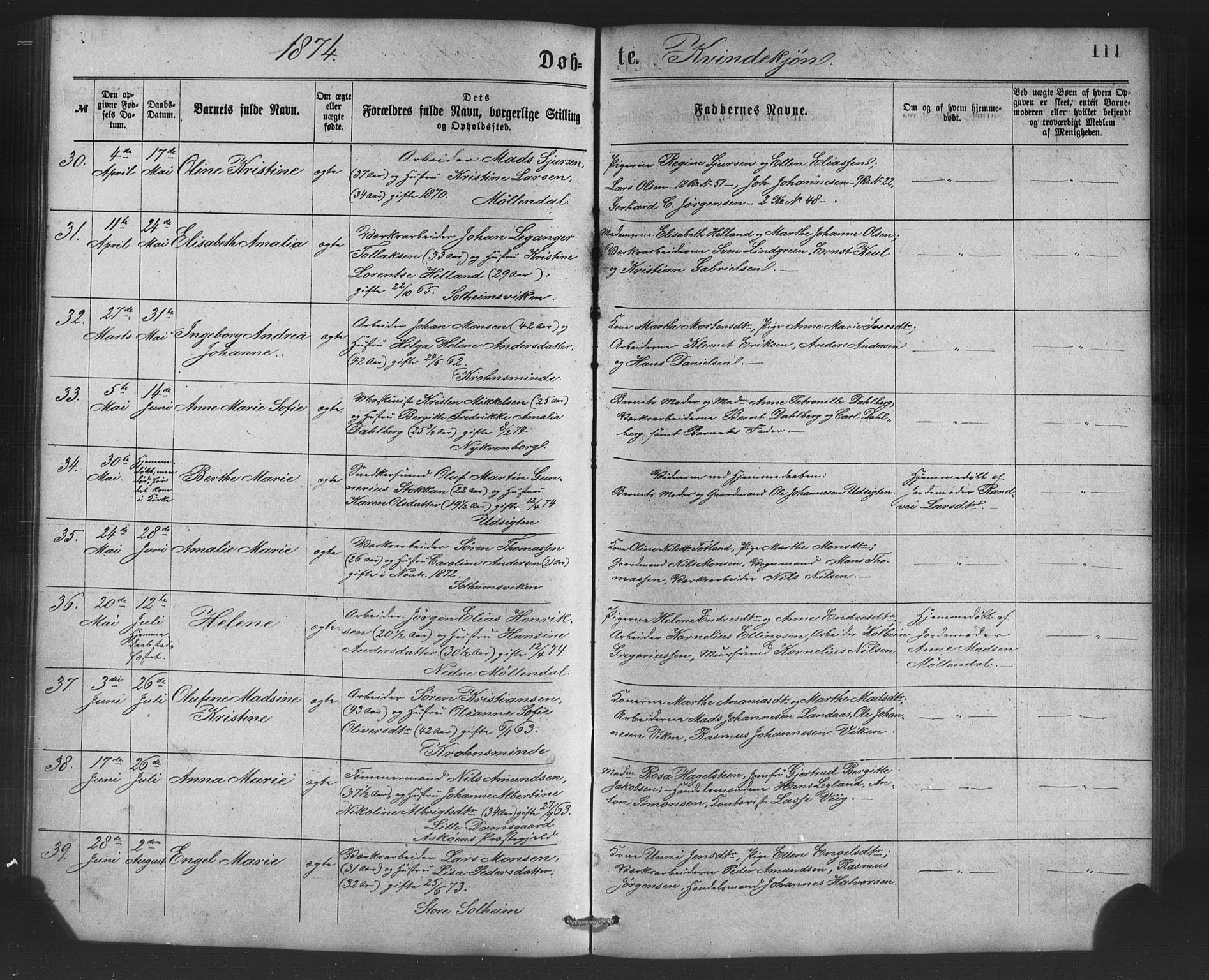 St. Jørgens hospital og Årstad sokneprestembete, AV/SAB-A-99934: Parish register (copy) no. A 4, 1873-1885, p. 111