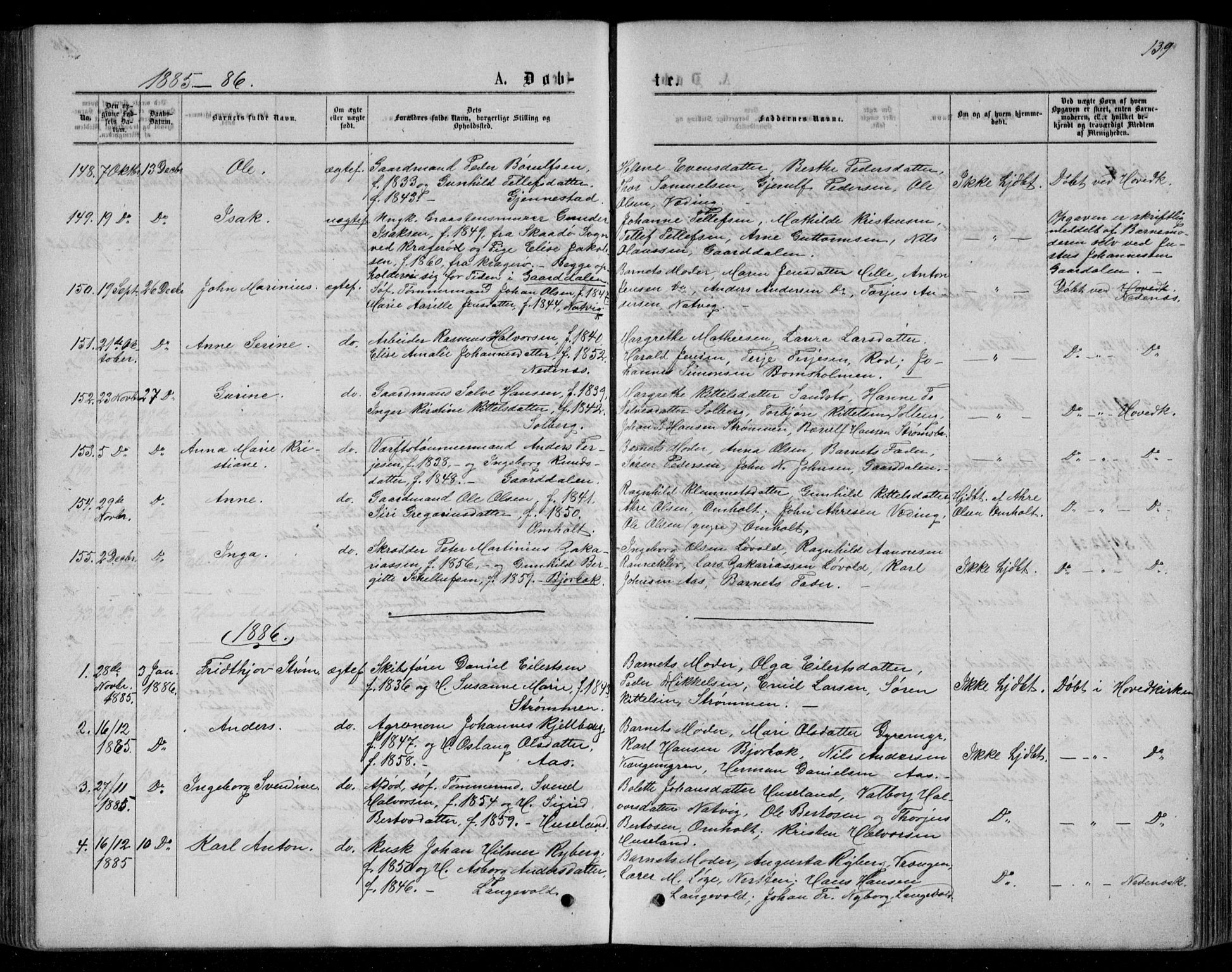 Øyestad sokneprestkontor, AV/SAK-1111-0049/F/Fb/L0008: Parish register (copy) no. B 8, 1872-1886, p. 139