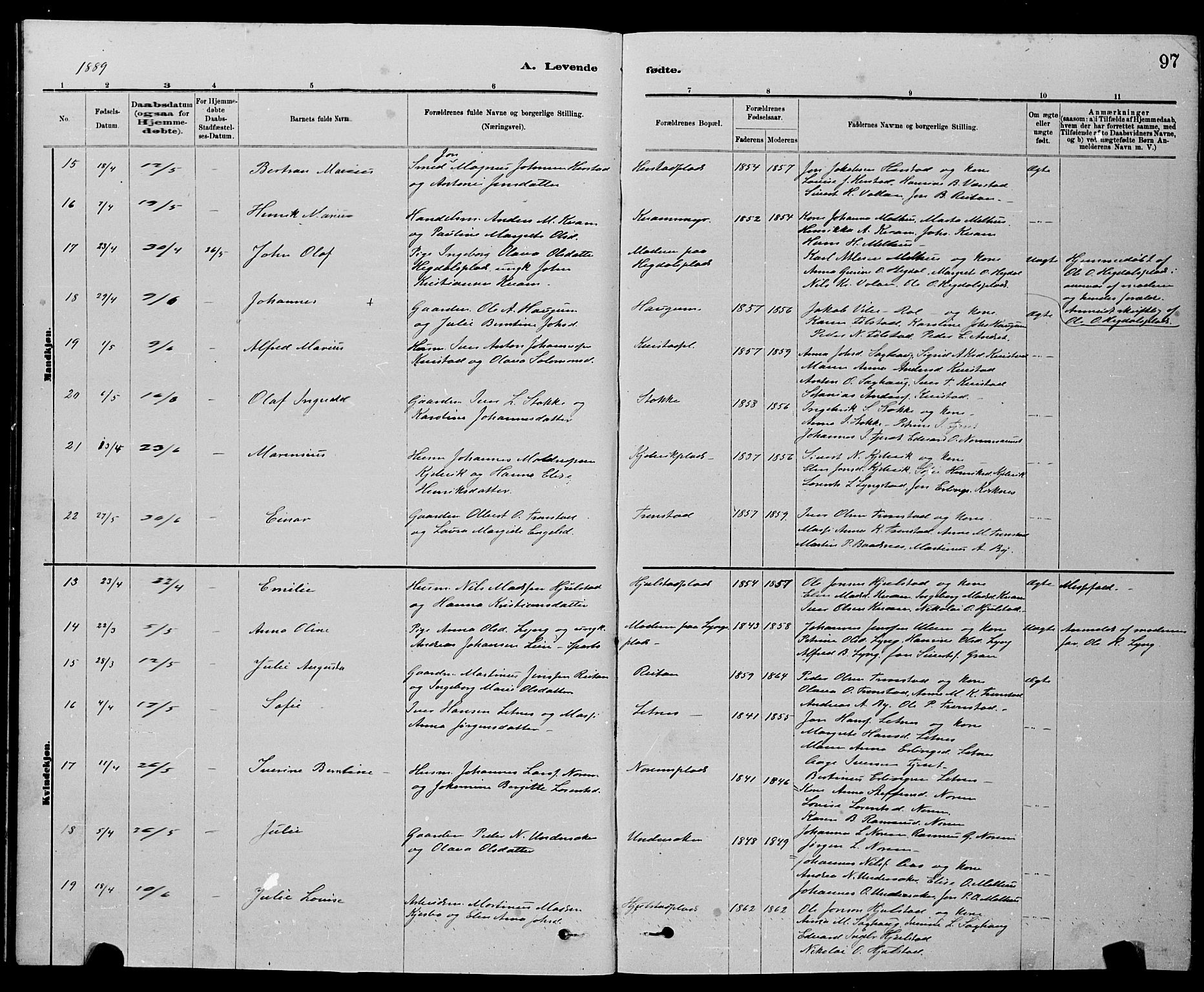 Ministerialprotokoller, klokkerbøker og fødselsregistre - Nord-Trøndelag, AV/SAT-A-1458/730/L0301: Parish register (copy) no. 730C04, 1880-1897, p. 97