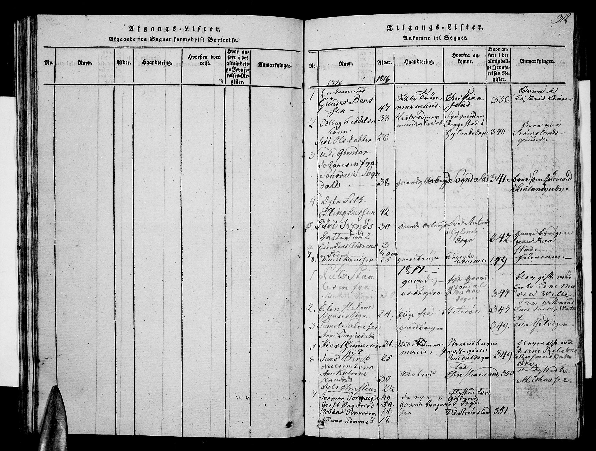 Lista sokneprestkontor, SAK/1111-0027/F/Fb/L0001: Parish register (copy) no. B 1, 1816-1832, p. 312