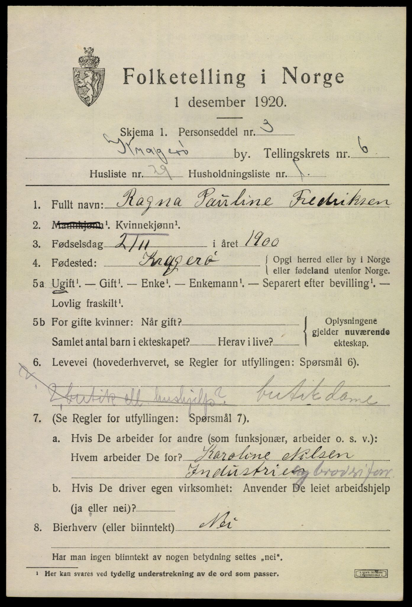 SAKO, 1920 census for Kragerø, 1920, p. 9409