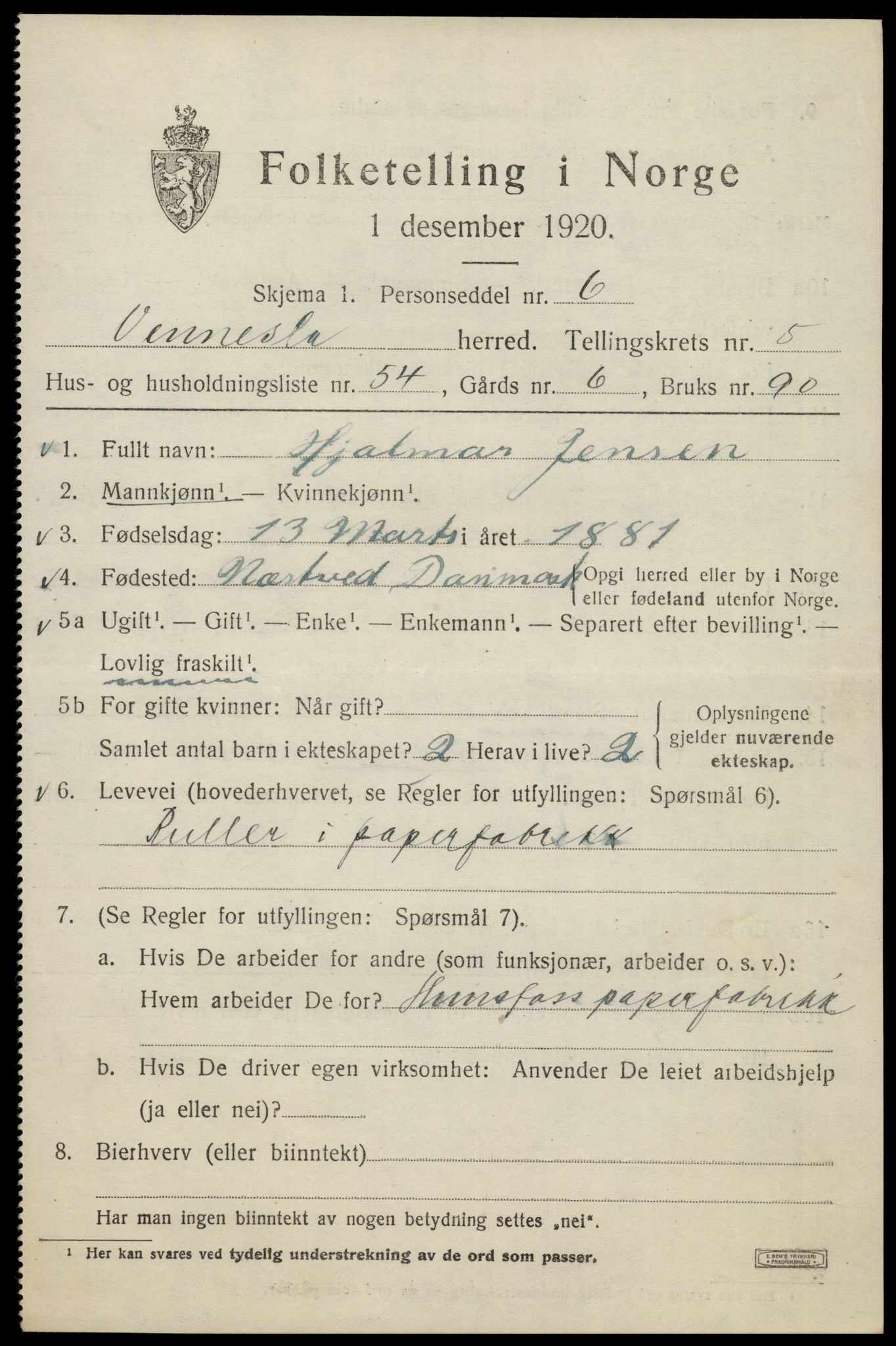 SAK, 1920 census for Vennesla, 1920, p. 4122
