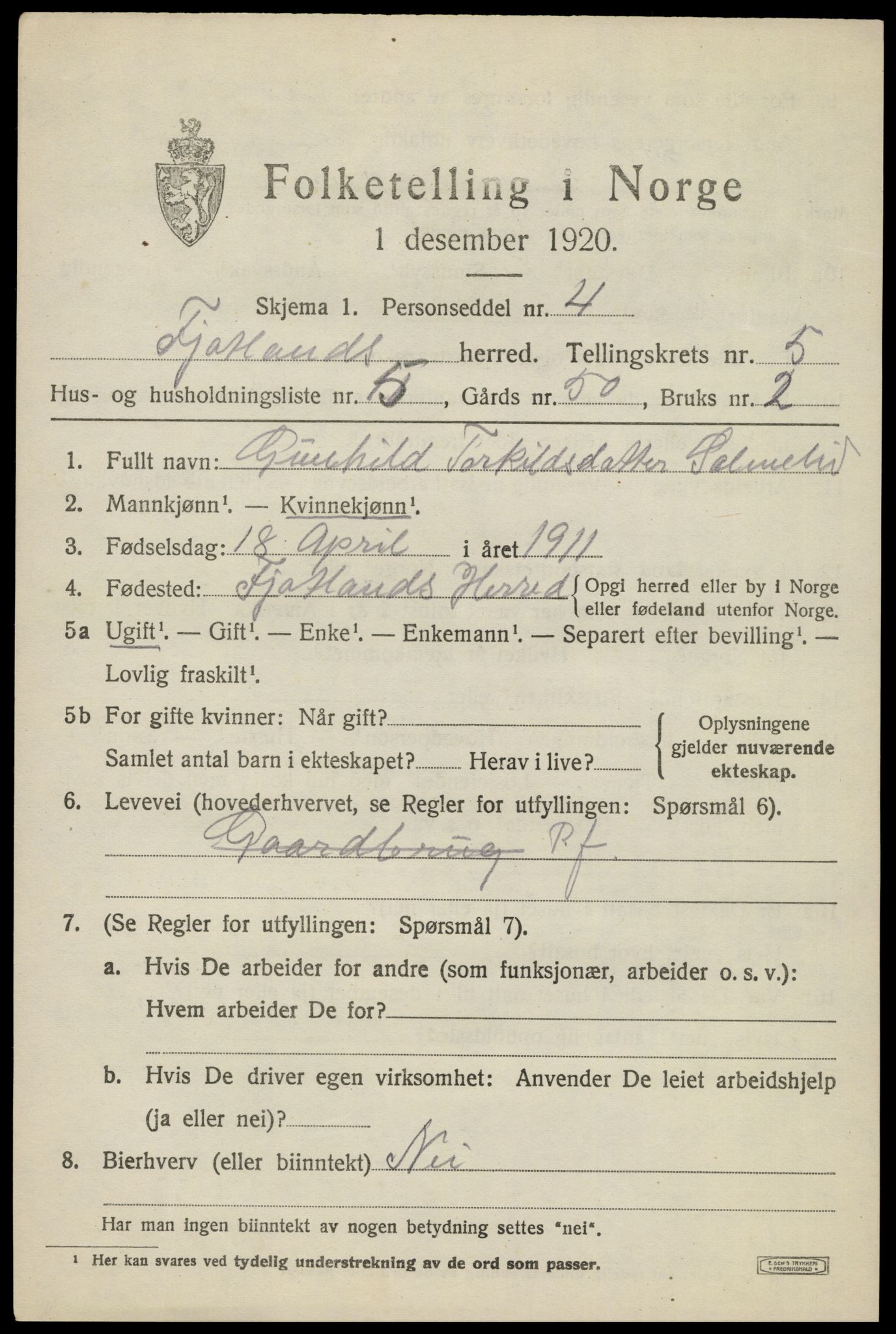 SAK, 1920 census for Fjotland, 1920, p. 1578