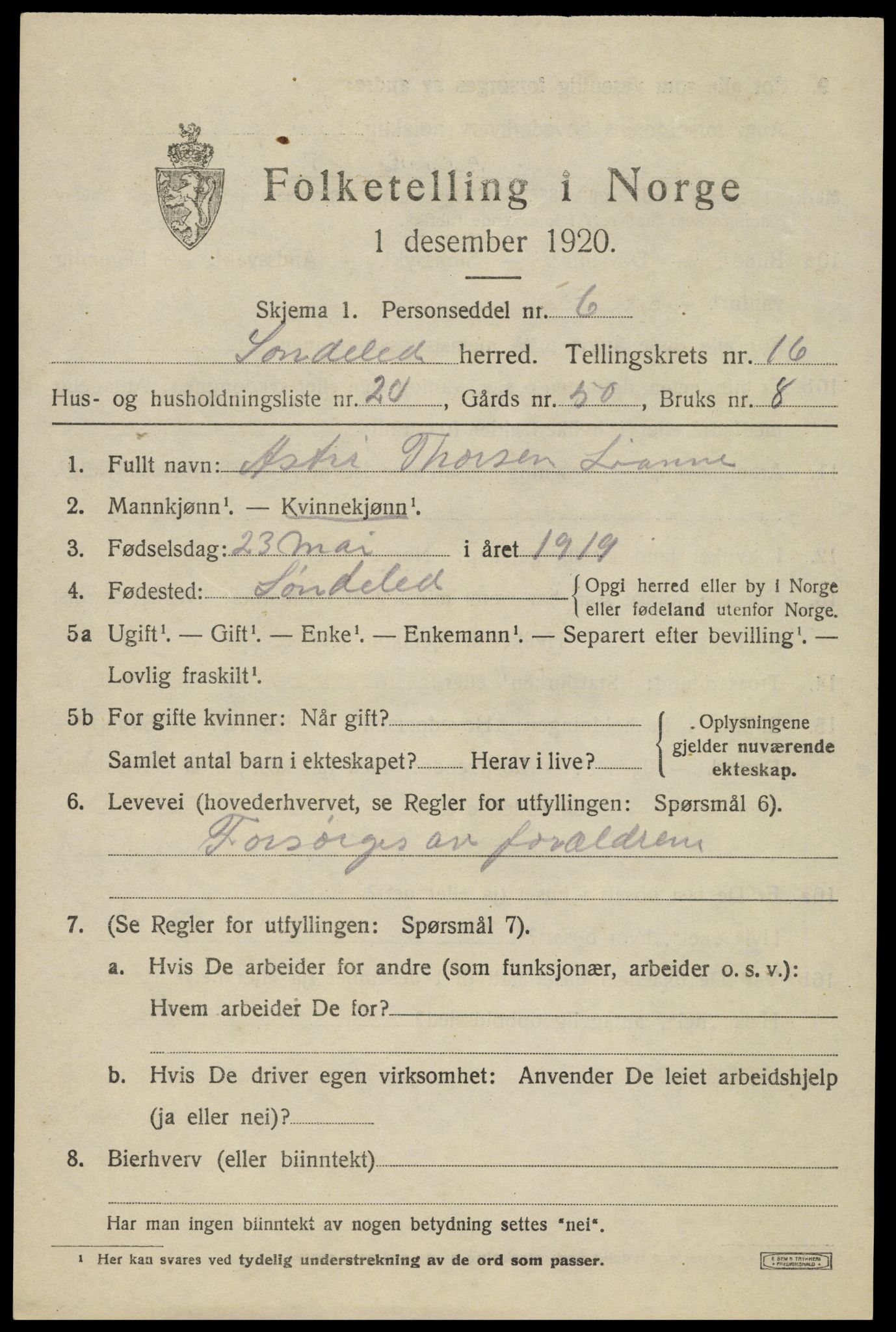 SAK, 1920 census for Søndeled, 1920, p. 7311