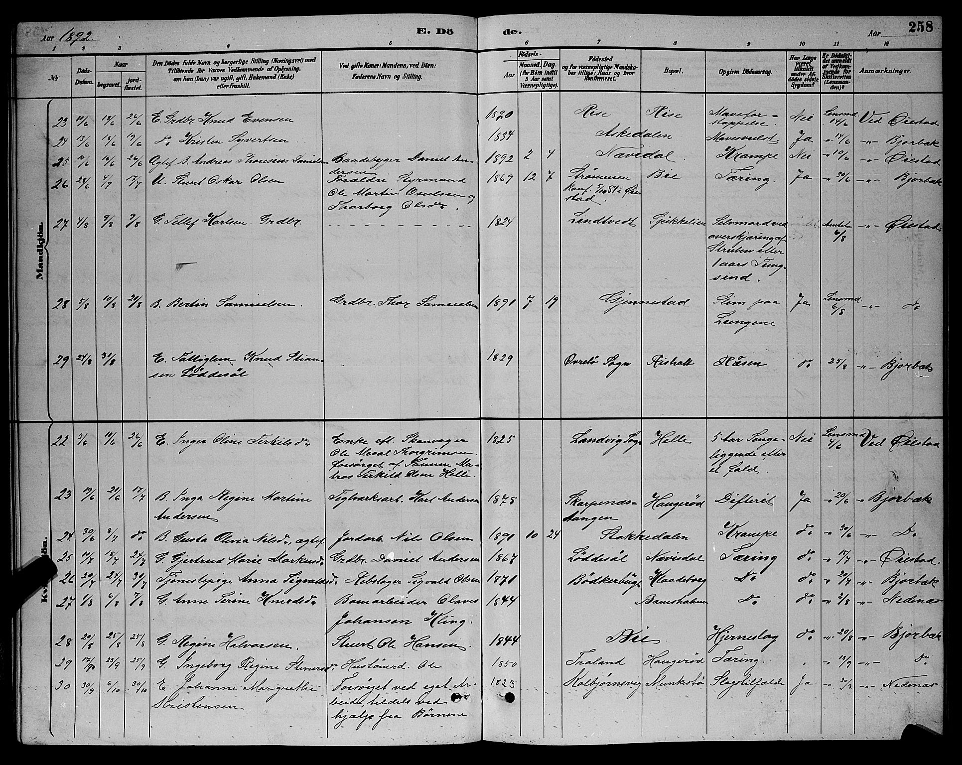 Øyestad sokneprestkontor, AV/SAK-1111-0049/F/Fb/L0009: Parish register (copy) no. B 9, 1886-1896, p. 258