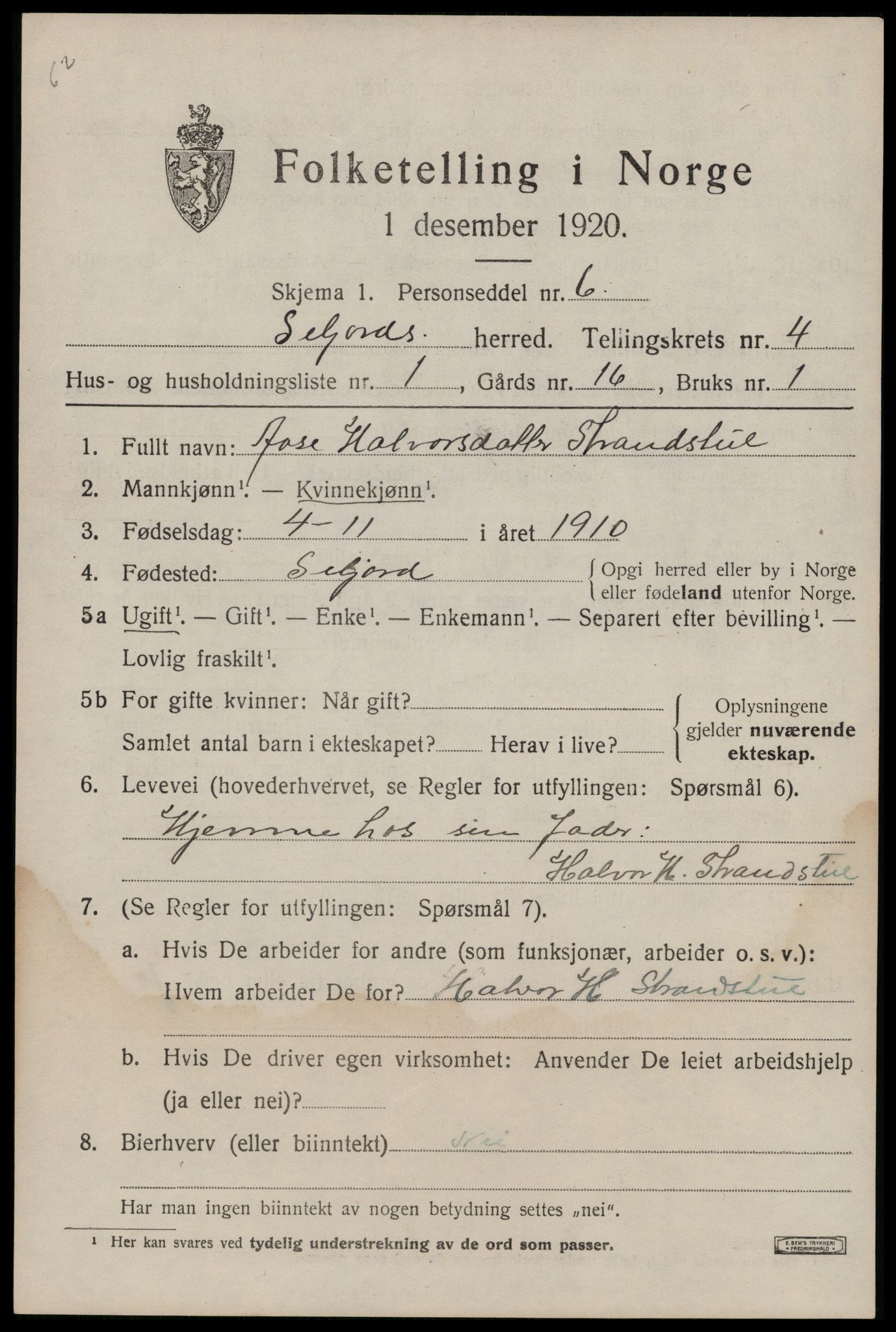 SAKO, 1920 census for Seljord, 1920, p. 2100