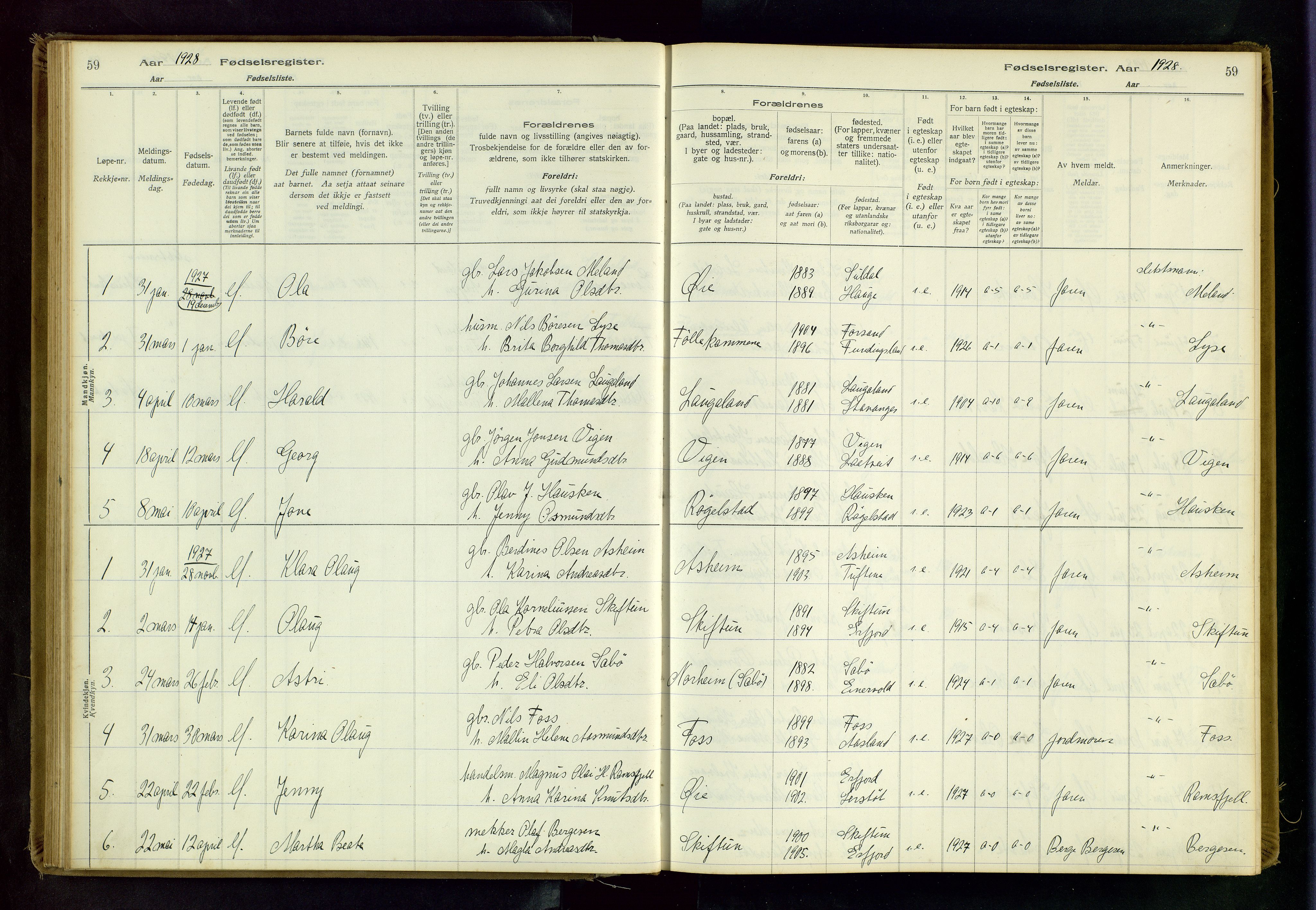 Hjelmeland sokneprestkontor, AV/SAST-A-101843/02/B/L0001: Birth register no. 1, 1916-1963, p. 59