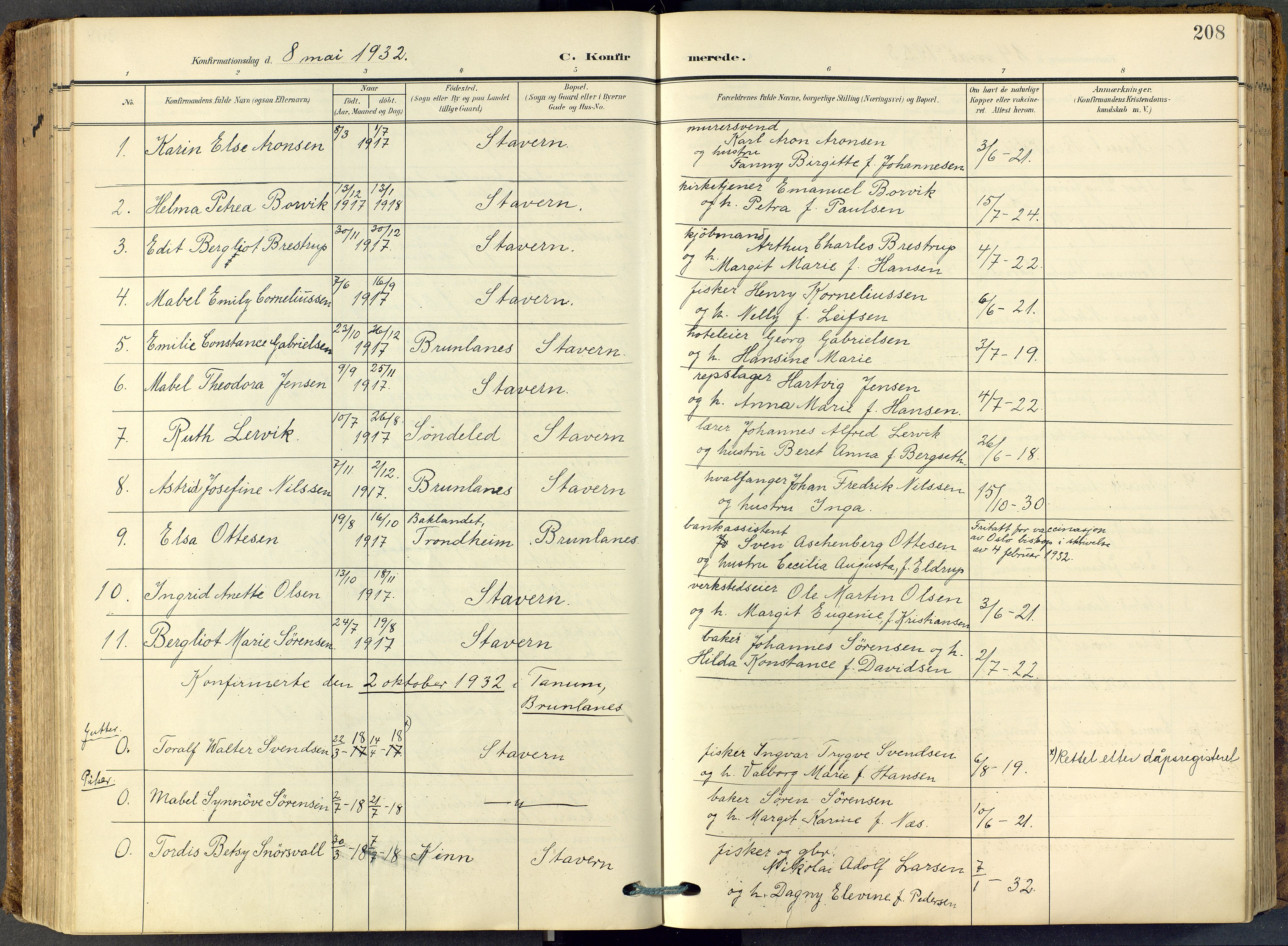 Stavern kirkebøker, SAKO/A-318/F/Fa/L0009: Parish register (official) no. 9, 1906-1955, p. 208