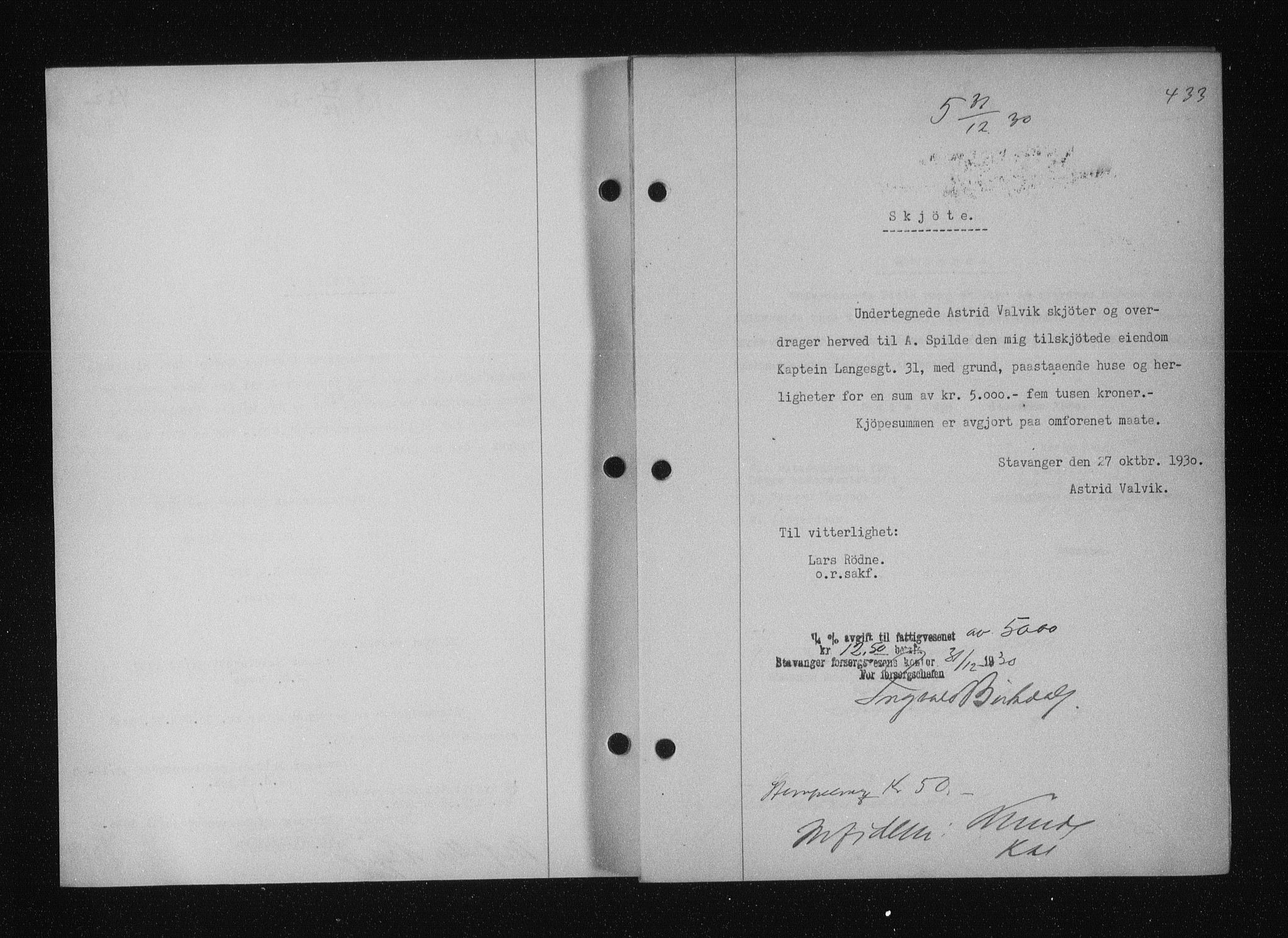 Stavanger byfogd, SAST/A-101408/001/4/41/410/410BB/L0058: Mortgage book no. 48, 1930-1931, Deed date: 31.12.1930