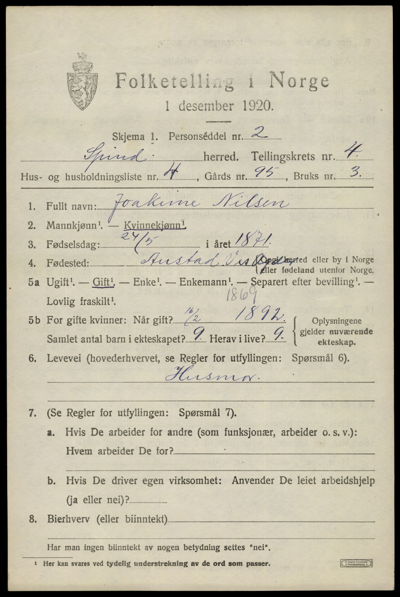 SAK, 1920 census for Spind, 1920, p. 2211