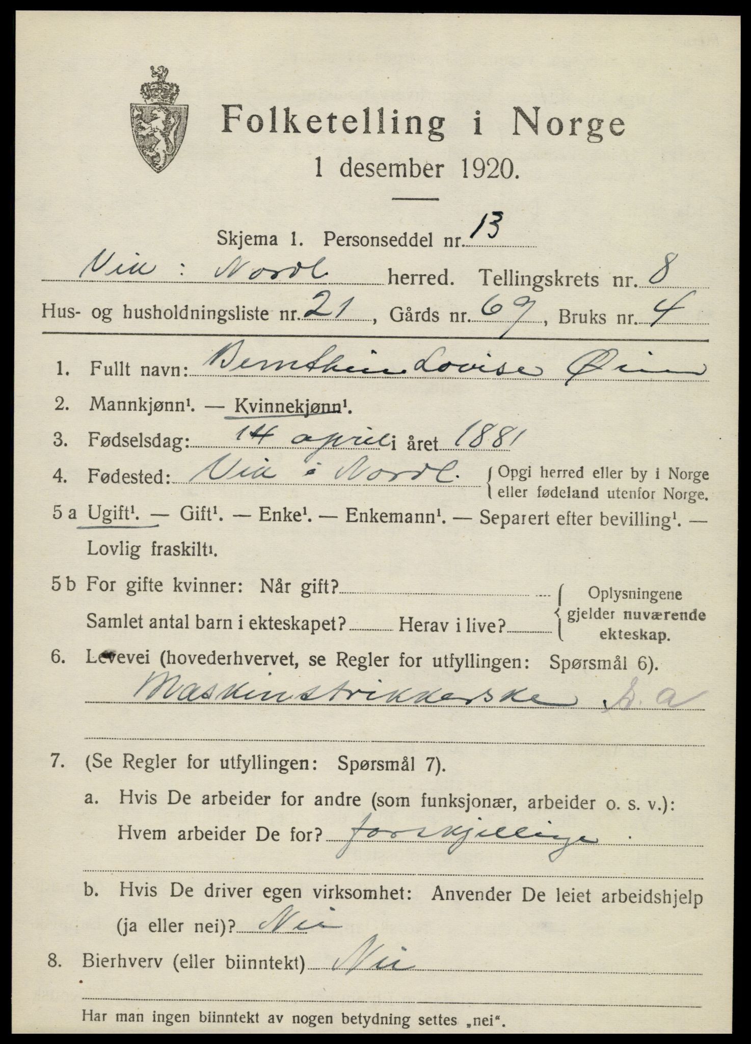 SAT, 1920 census for Vik, 1920, p. 5479