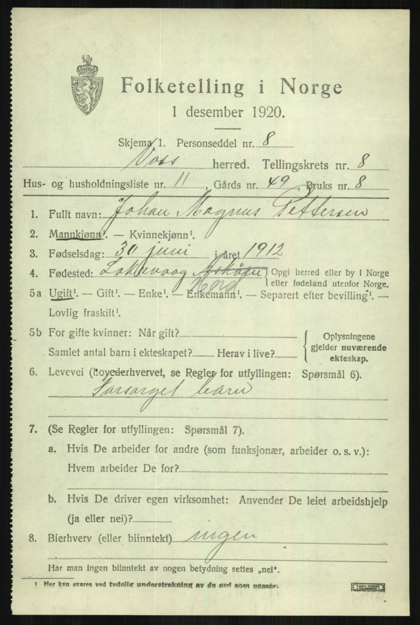SAB, 1920 census for Voss, 1920, p. 7889
