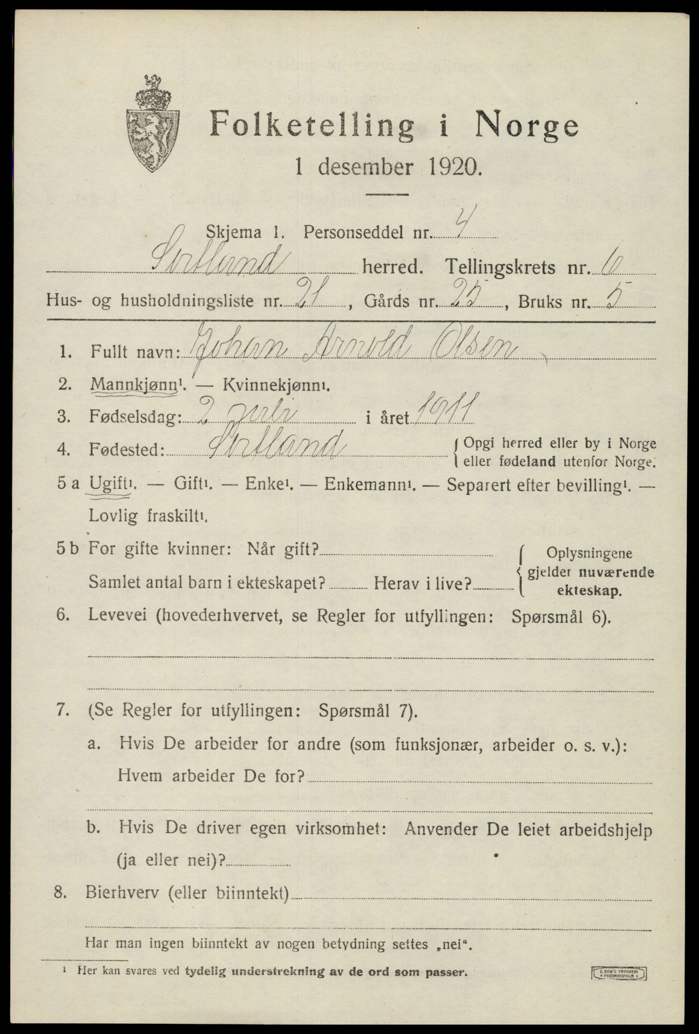 SAT, 1920 census for Sortland, 1920, p. 6502