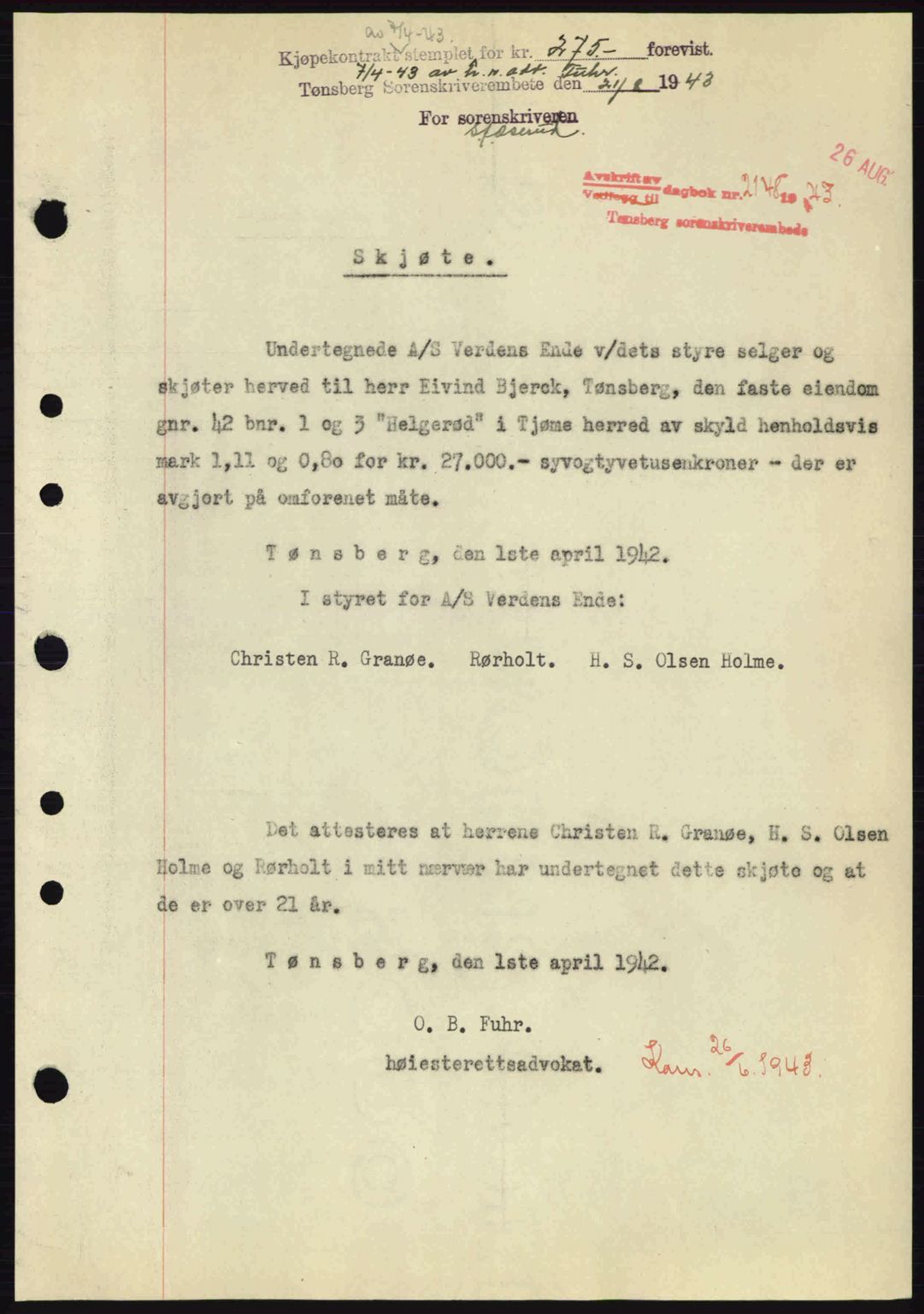 Tønsberg sorenskriveri, AV/SAKO-A-130/G/Ga/Gaa/L0013: Mortgage book no. A13, 1943-1943, Diary no: : 2148/1943