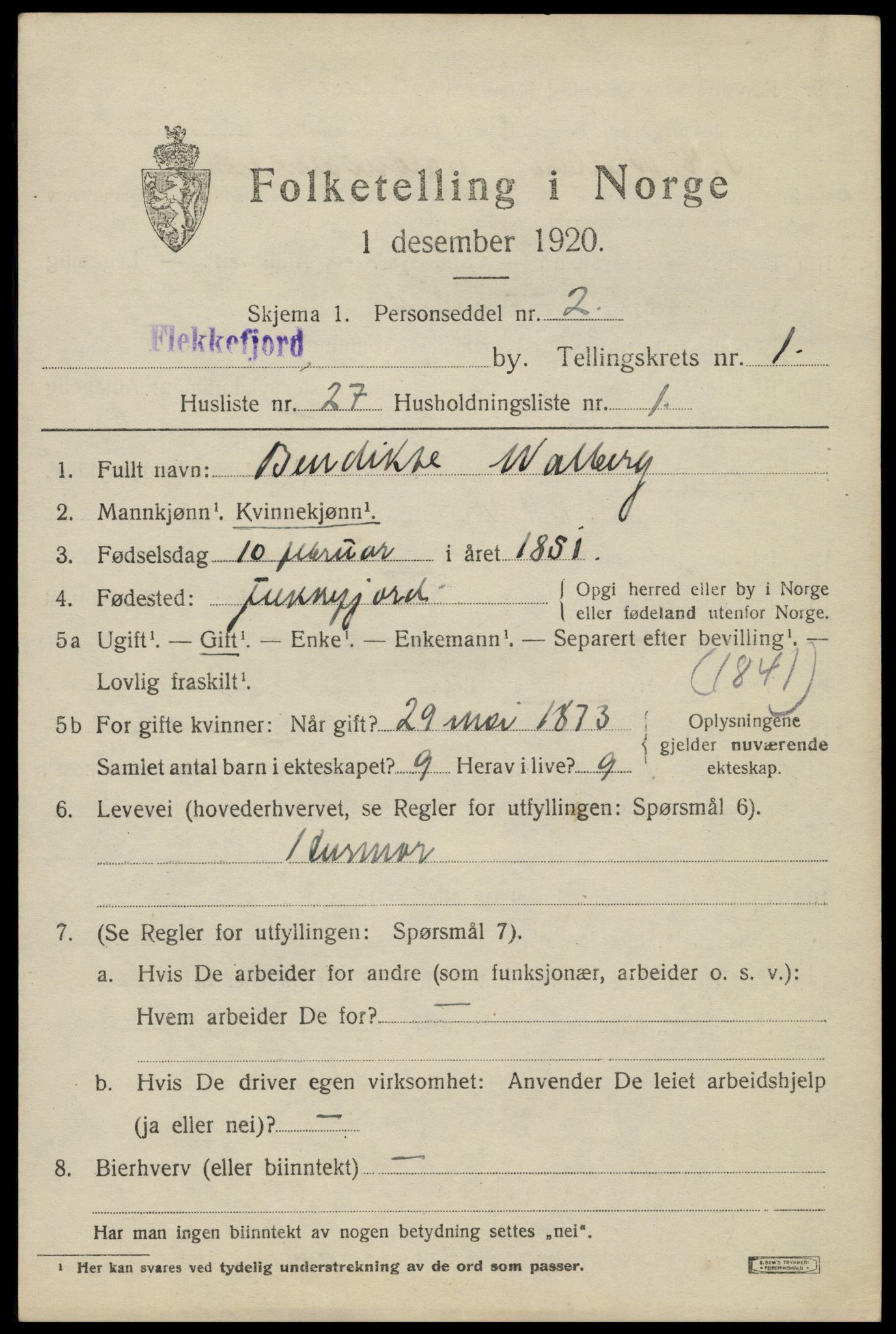 SAK, 1920 census for Flekkefjord, 1920, p. 2108