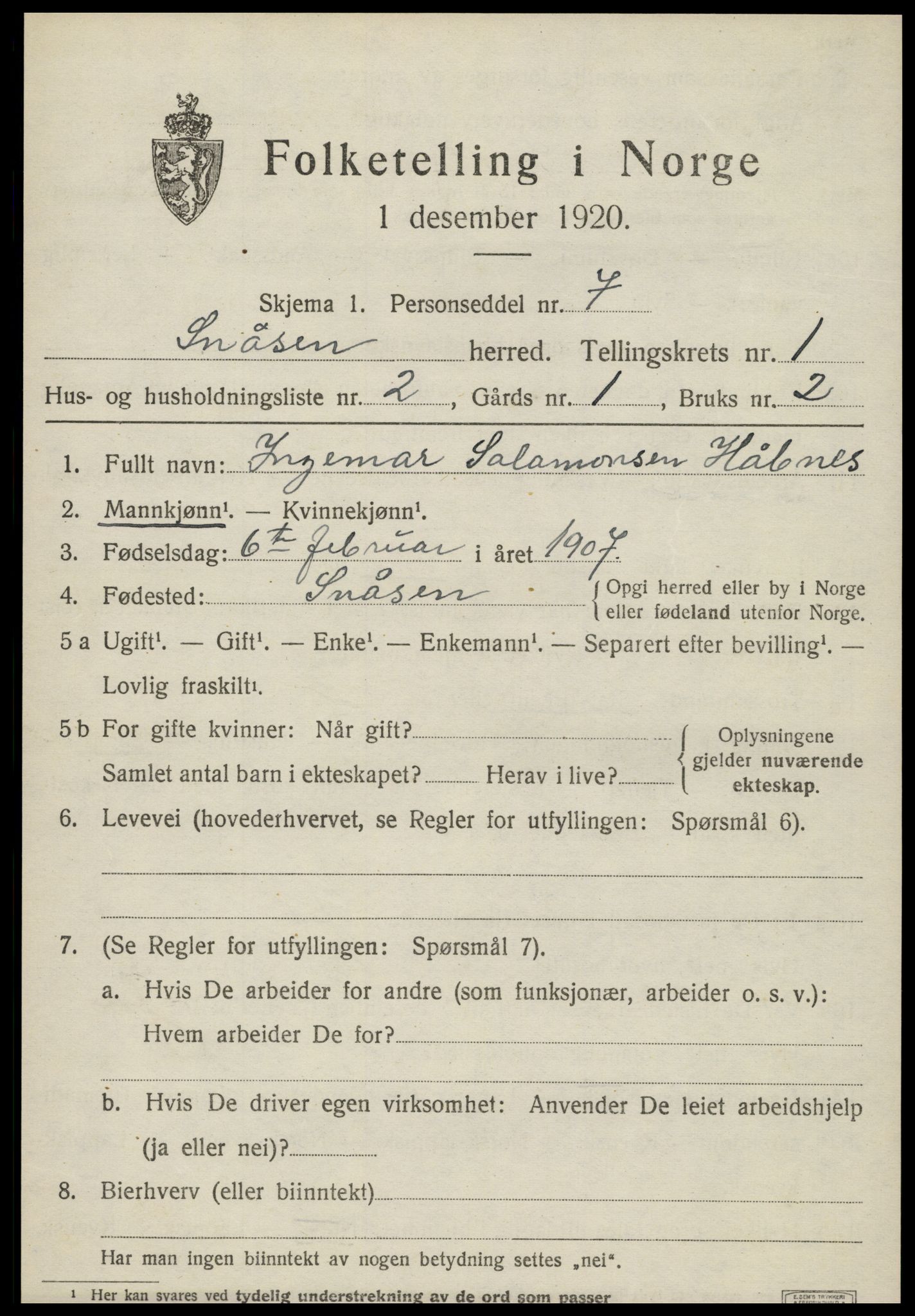 SAT, 1920 census for Snåsa, 1920, p. 1070