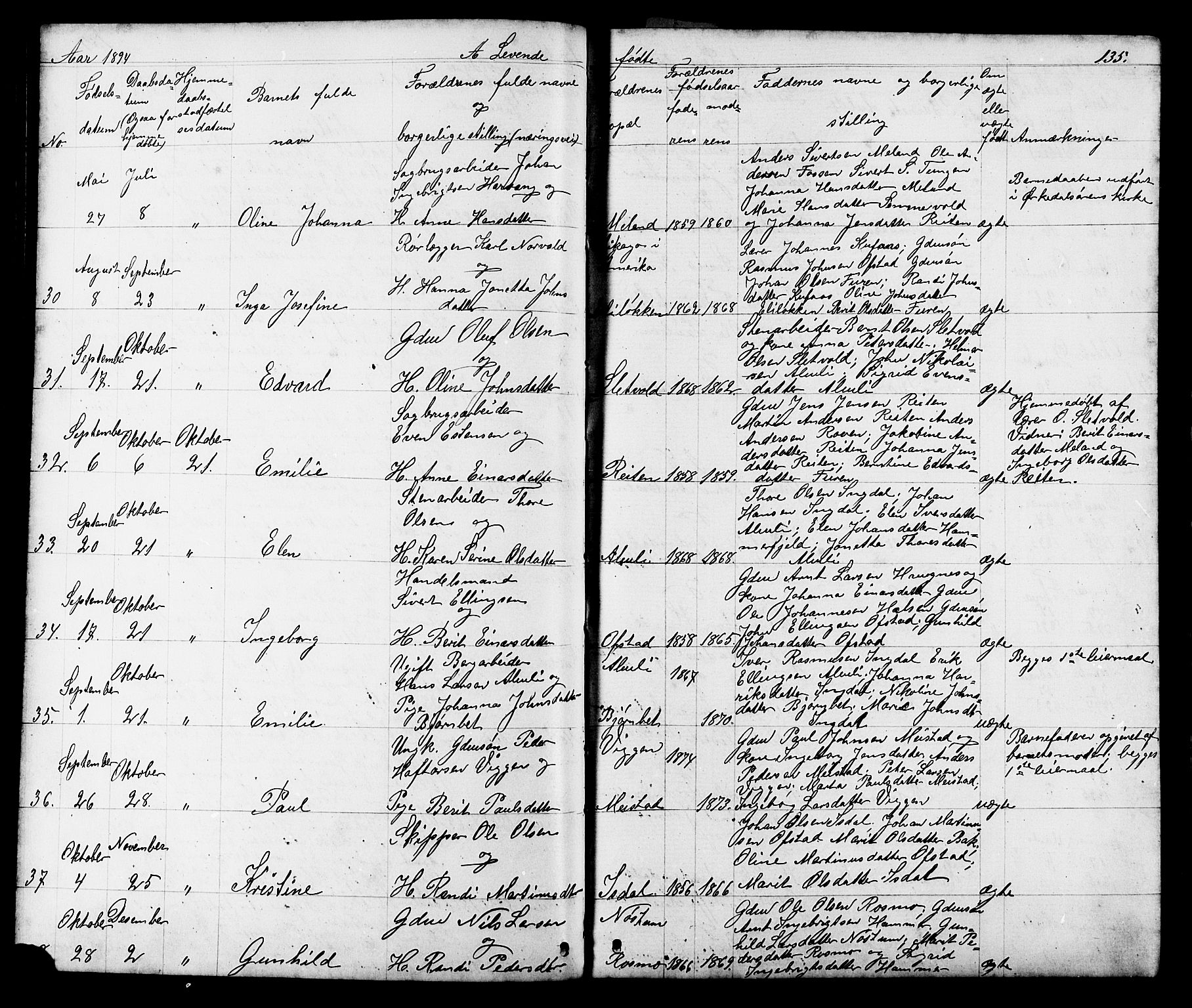 Ministerialprotokoller, klokkerbøker og fødselsregistre - Sør-Trøndelag, SAT/A-1456/665/L0777: Parish register (copy) no. 665C02, 1867-1915, p. 135