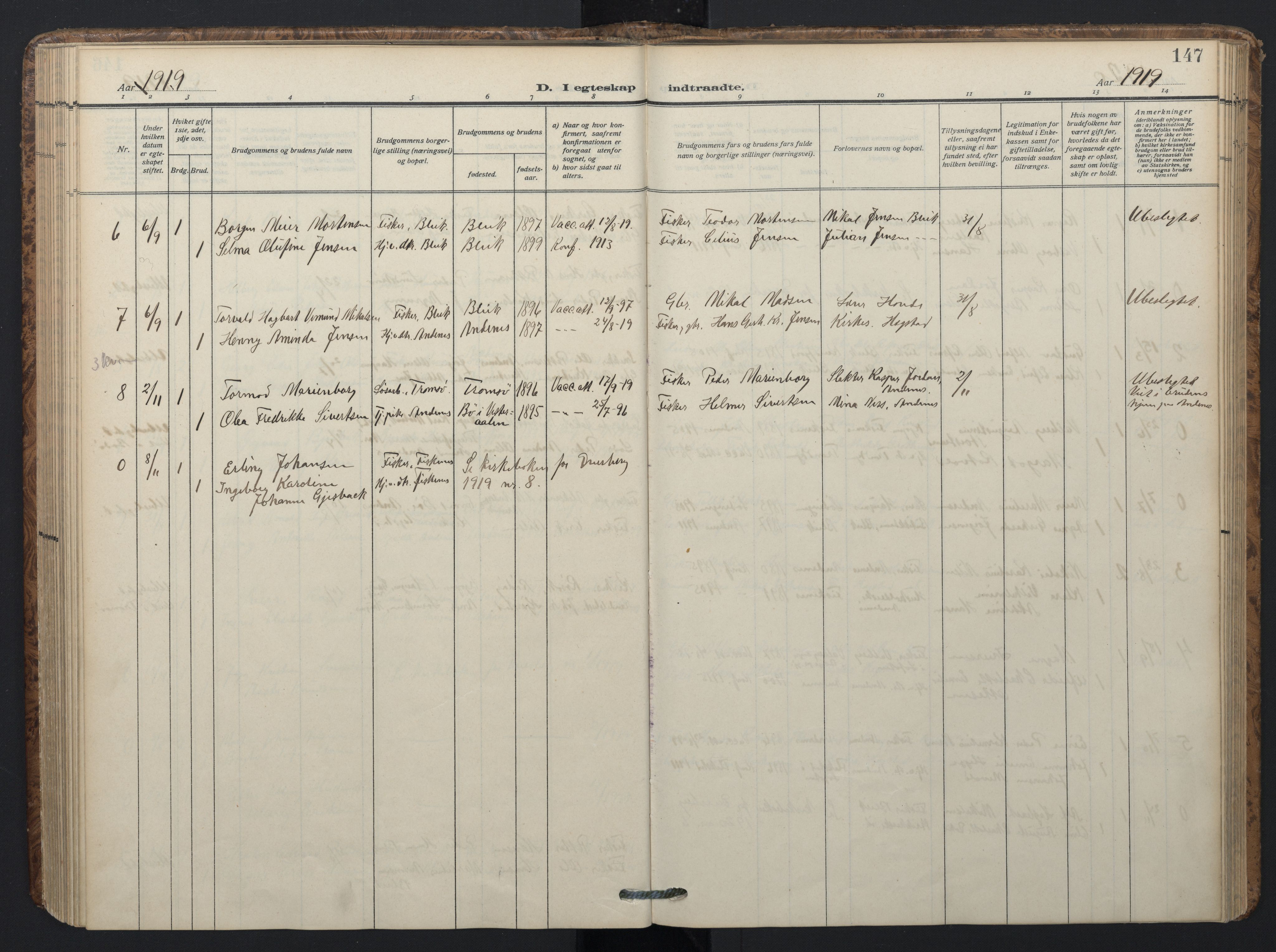 Ministerialprotokoller, klokkerbøker og fødselsregistre - Nordland, AV/SAT-A-1459/899/L1438: Parish register (official) no. 899A06, 1909-1922, p. 147