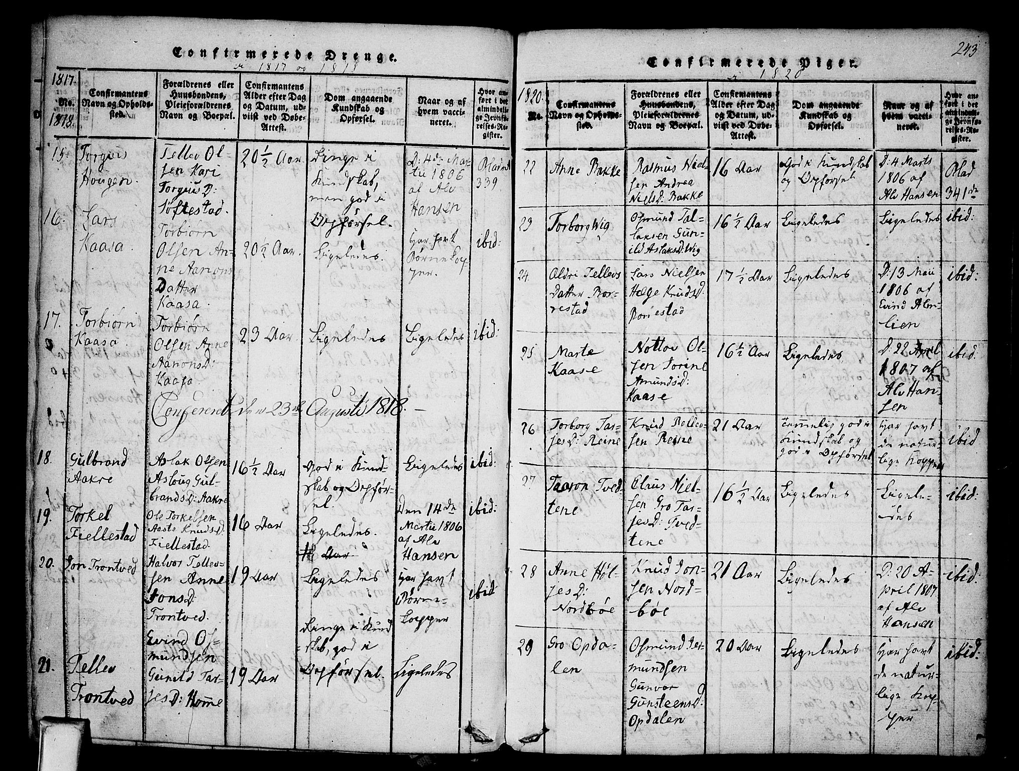 Nissedal kirkebøker, SAKO/A-288/F/Fa/L0002: Parish register (official) no. I 2, 1814-1845, p. 243
