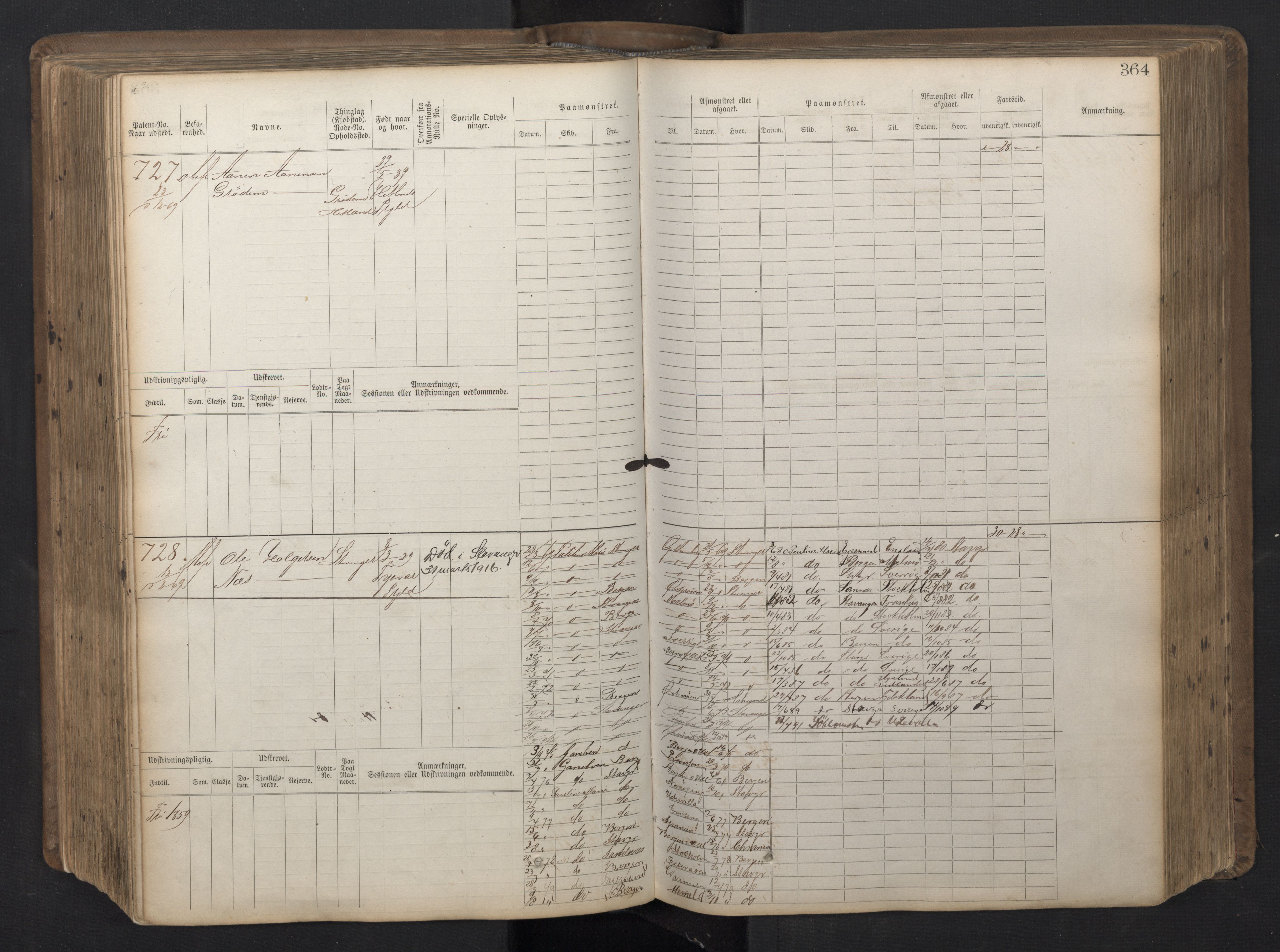 Stavanger sjømannskontor, AV/SAST-A-102006/F/Fb/Fbb/L0016: Sjøfartshovedrulle patnentnr. 1-1202 (dublett), 1869, p. 364