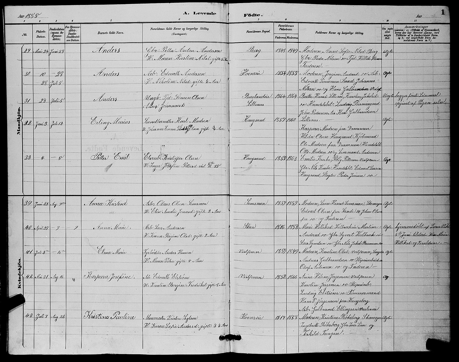 Eiker kirkebøker, SAKO/A-4/G/Ga/L0006: Parish register (copy) no. I 6, 1885-1893, p. 1