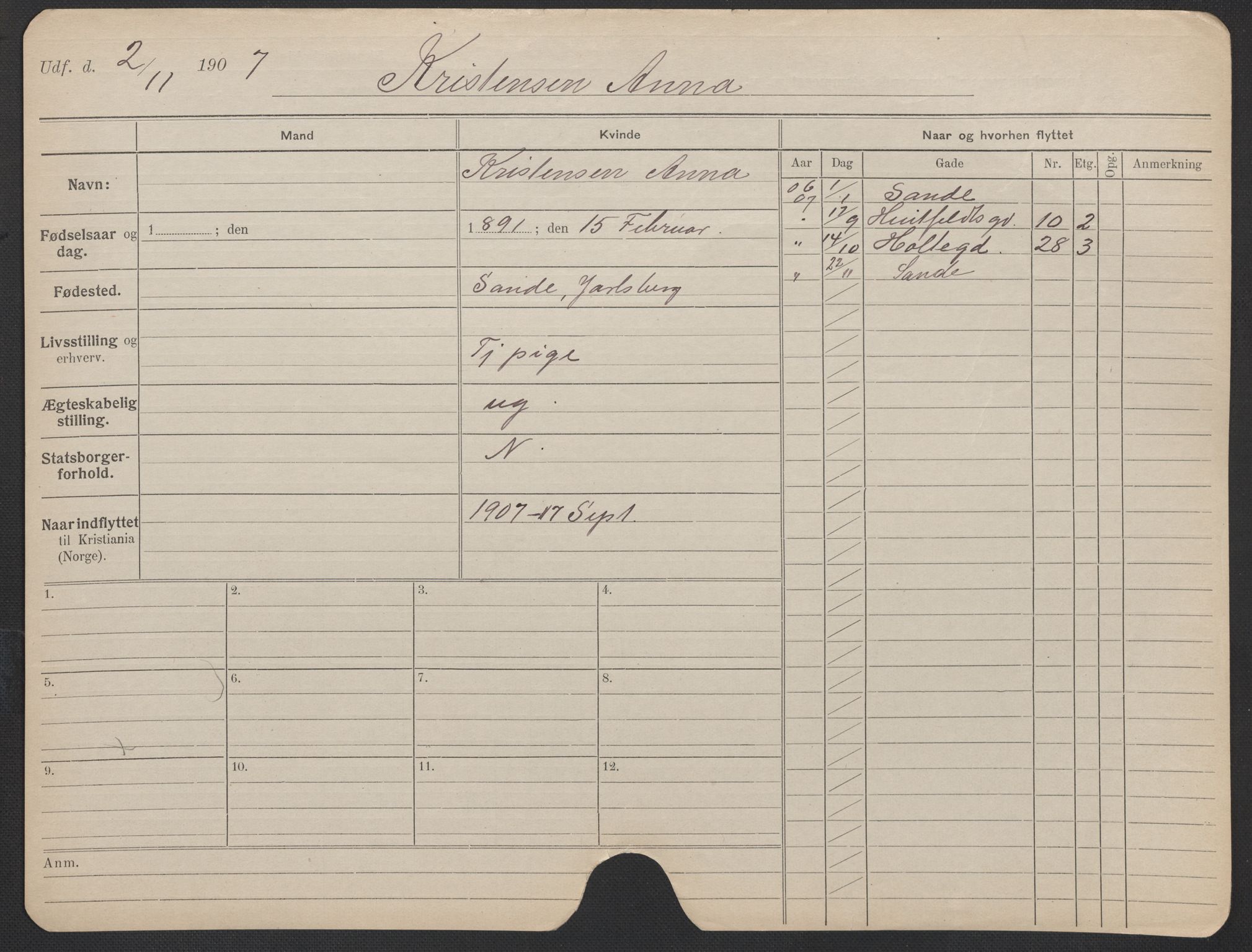 Oslo folkeregister, Registerkort, AV/SAO-A-11715/F/Fa/Fac/L0019: Kvinner, 1906-1914, p. 105a
