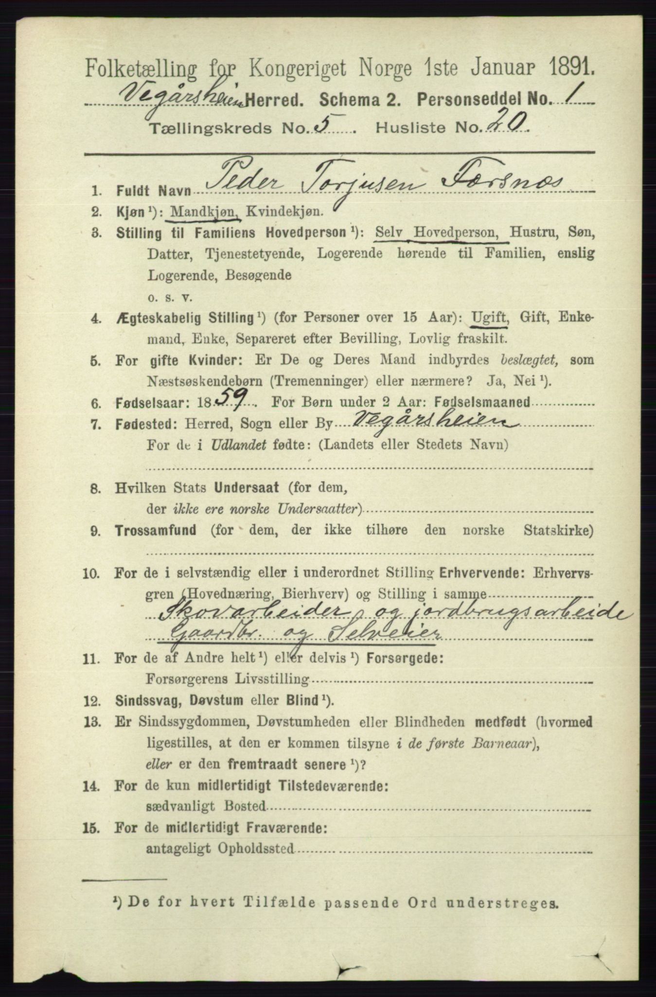RA, 1891 census for 0912 Vegårshei, 1891, p. 1114