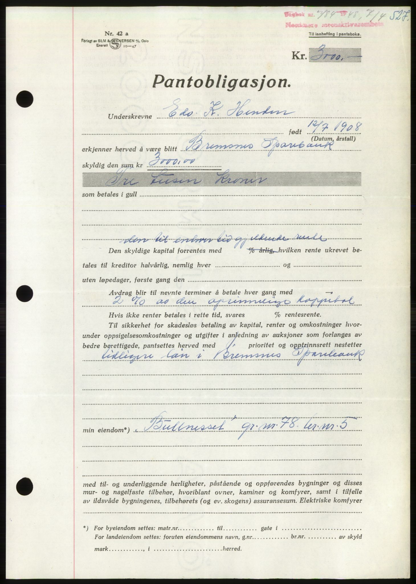 Nordmøre sorenskriveri, AV/SAT-A-4132/1/2/2Ca: Mortgage book no. B98, 1948-1948, Diary no: : 784/1948