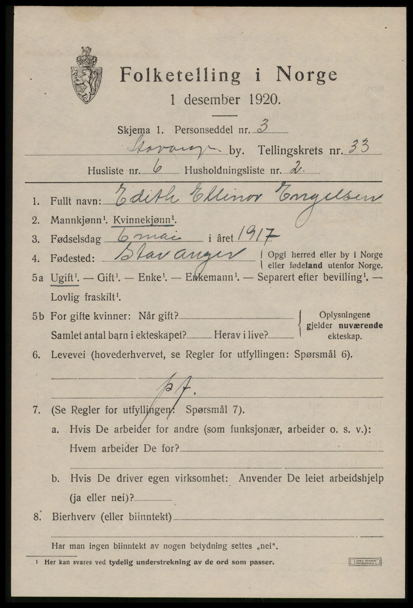 SAST, 1920 census for Stavanger, 1920, p. 90784