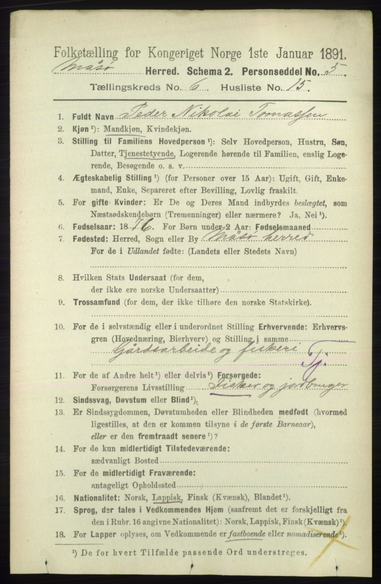 RA, 1891 census for 2018 Måsøy, 1891, p. 1216