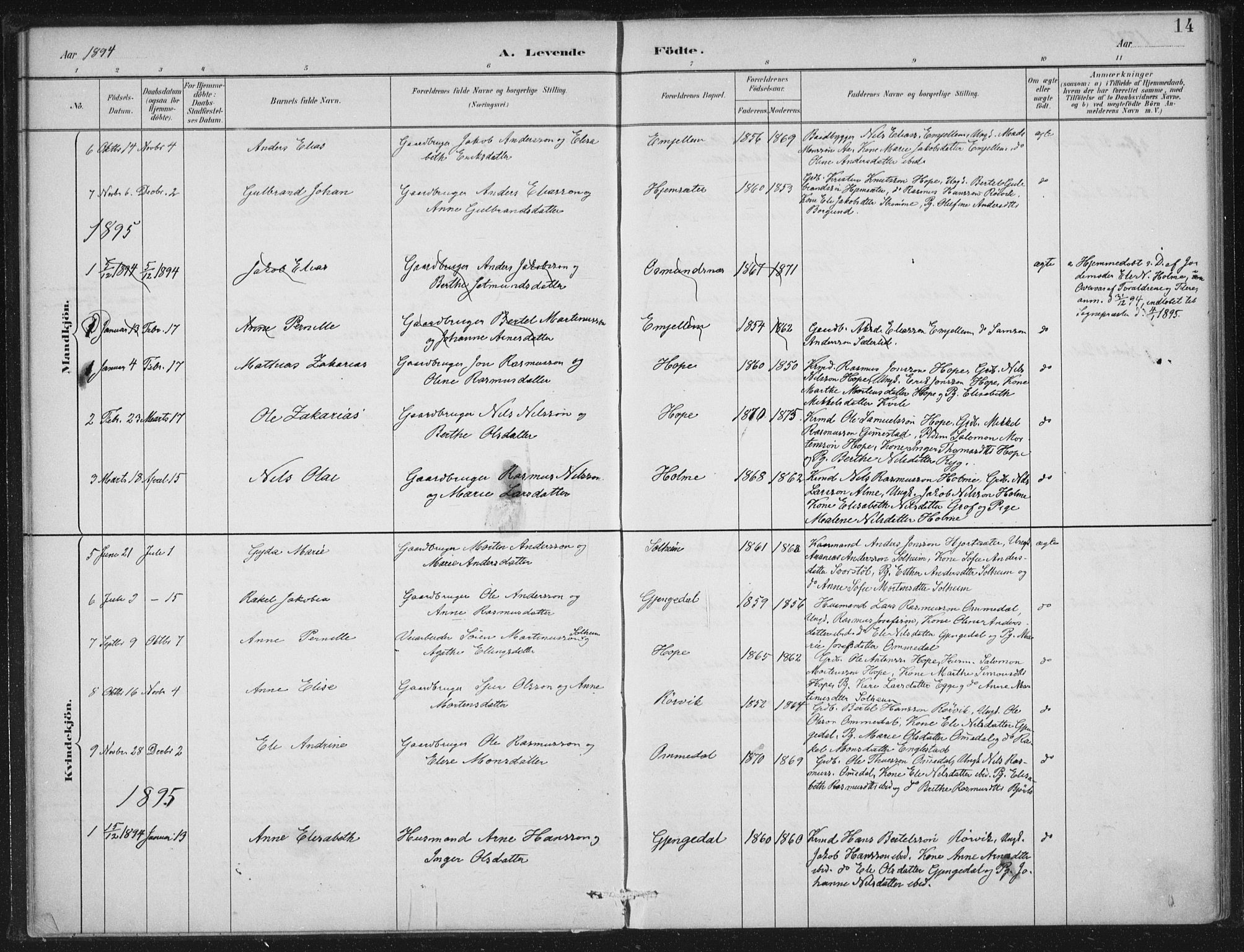 Gloppen sokneprestembete, SAB/A-80101/H/Haa/Haae/L0001: Parish register (official) no. E  1, 1885-1904, p. 14