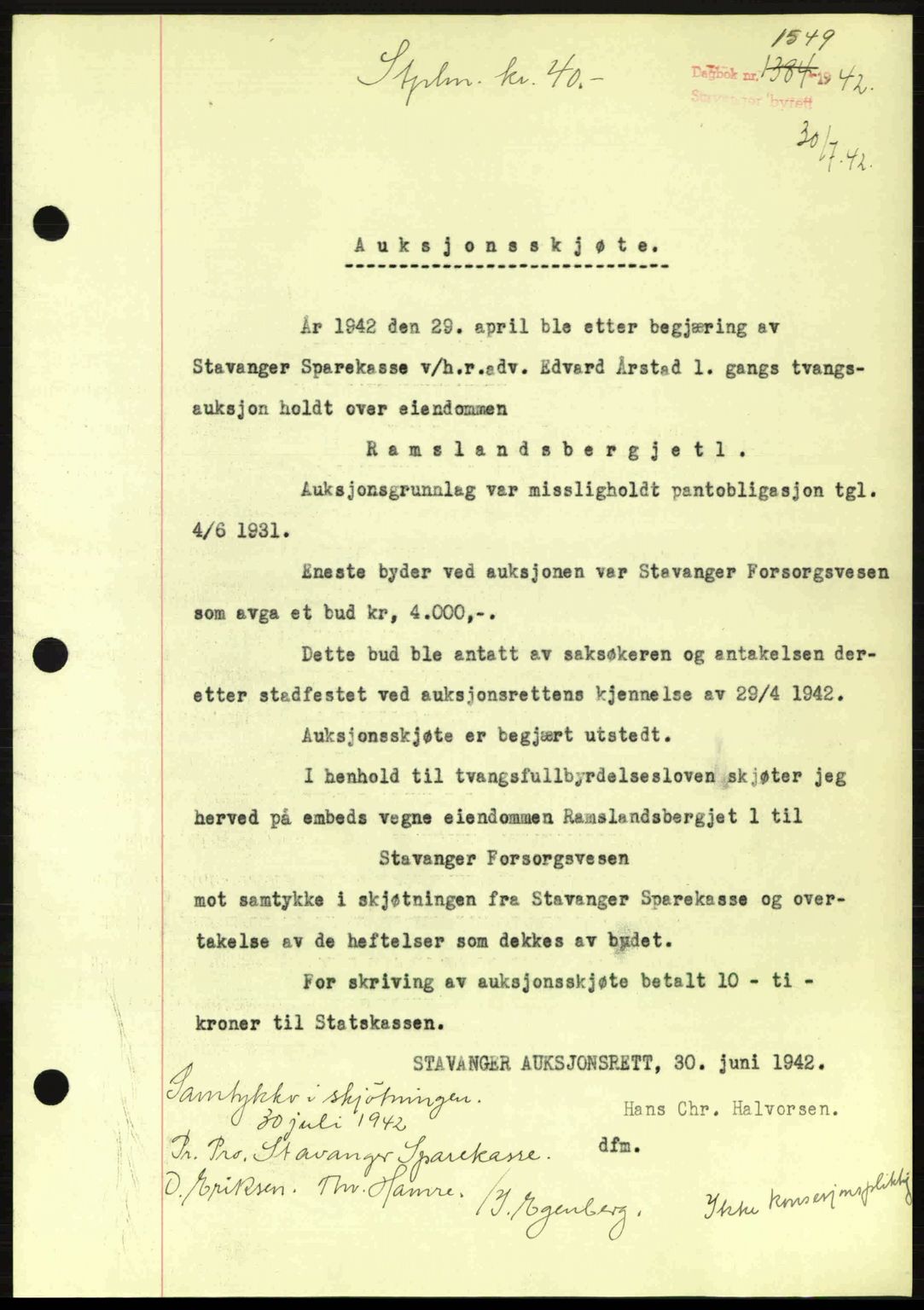 Stavanger byrett, SAST/A-100455/002/G/Gb/L0017: Mortgage book no. A7, 1941-1943, Diary no: : 1549/1942