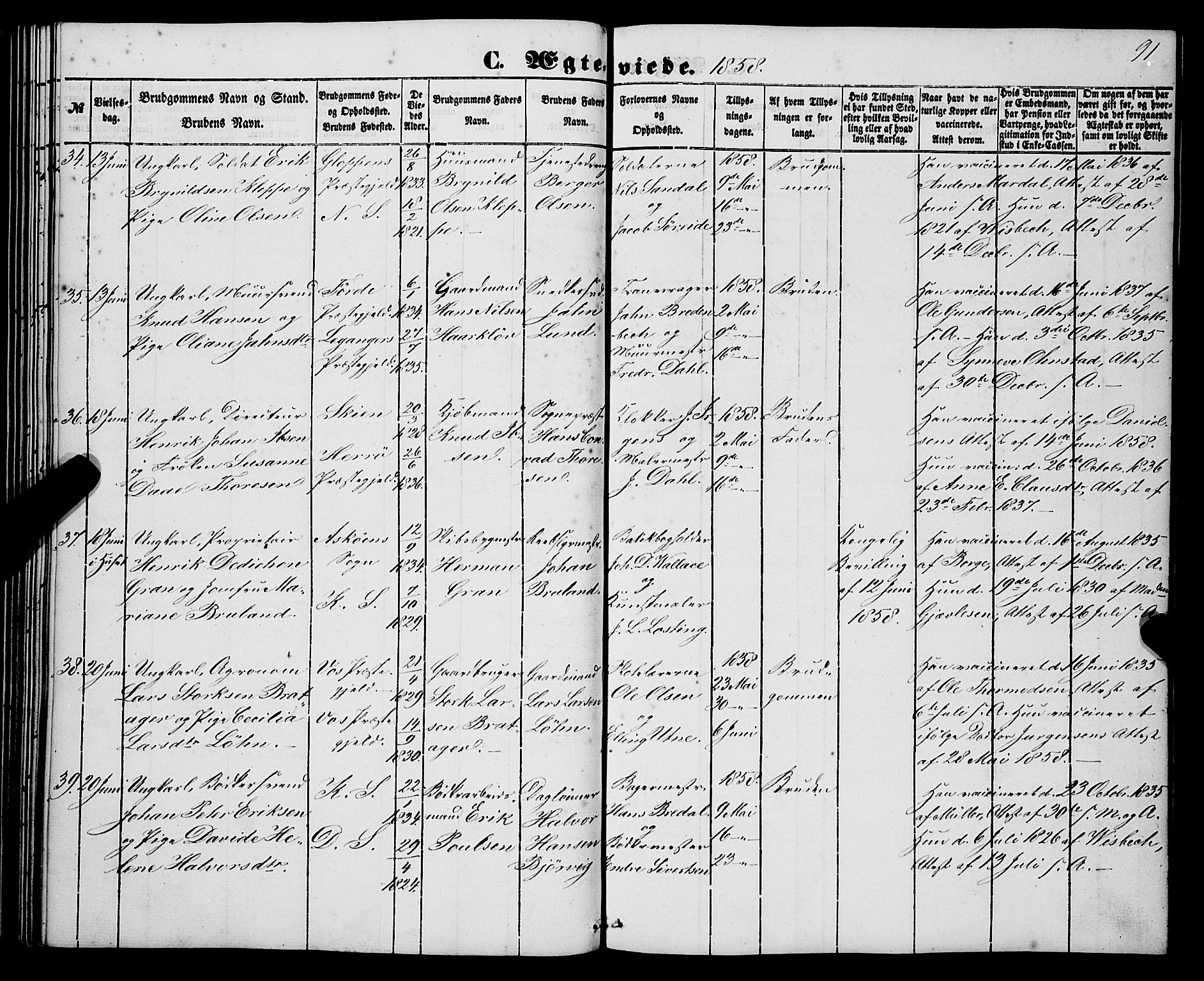 Korskirken sokneprestembete, SAB/A-76101/H/Haa/L0035: Parish register (official) no. D 2, 1852-1867, p. 91