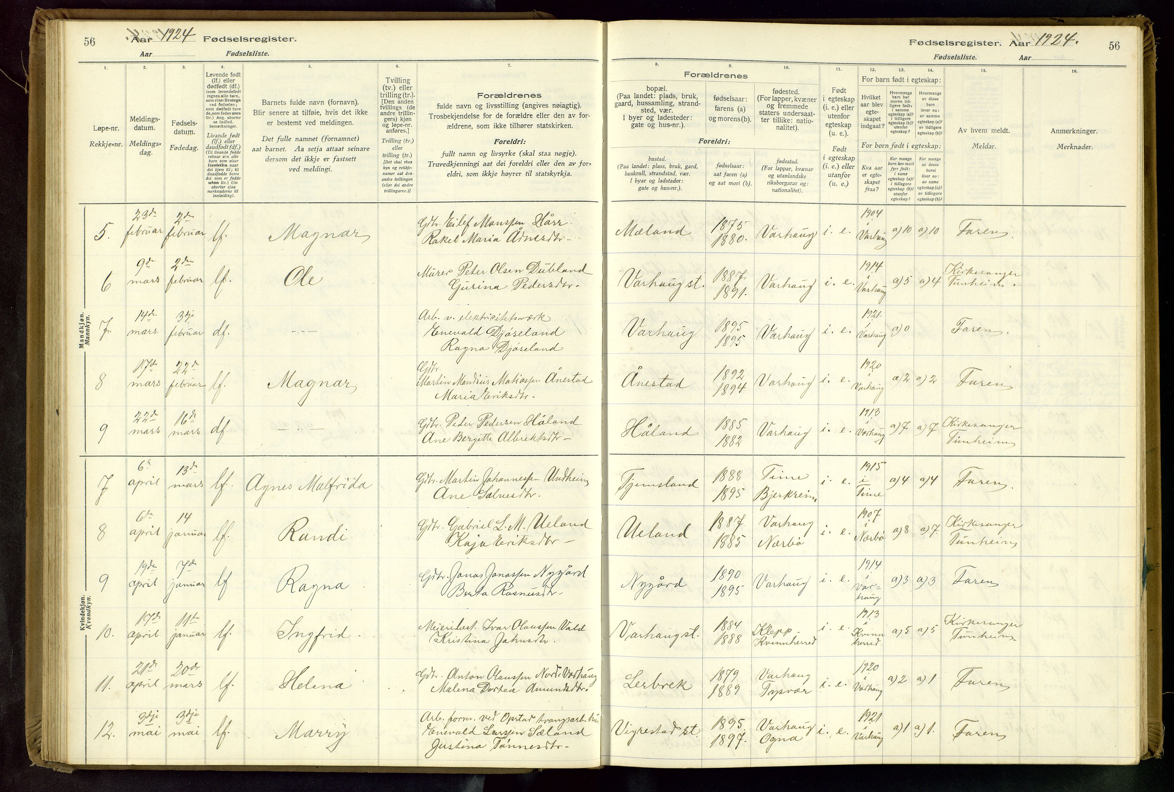 Hå sokneprestkontor, SAST/A-101801/001/704BA/L0001: Birth register no. 1, 1916-1944, p. 56