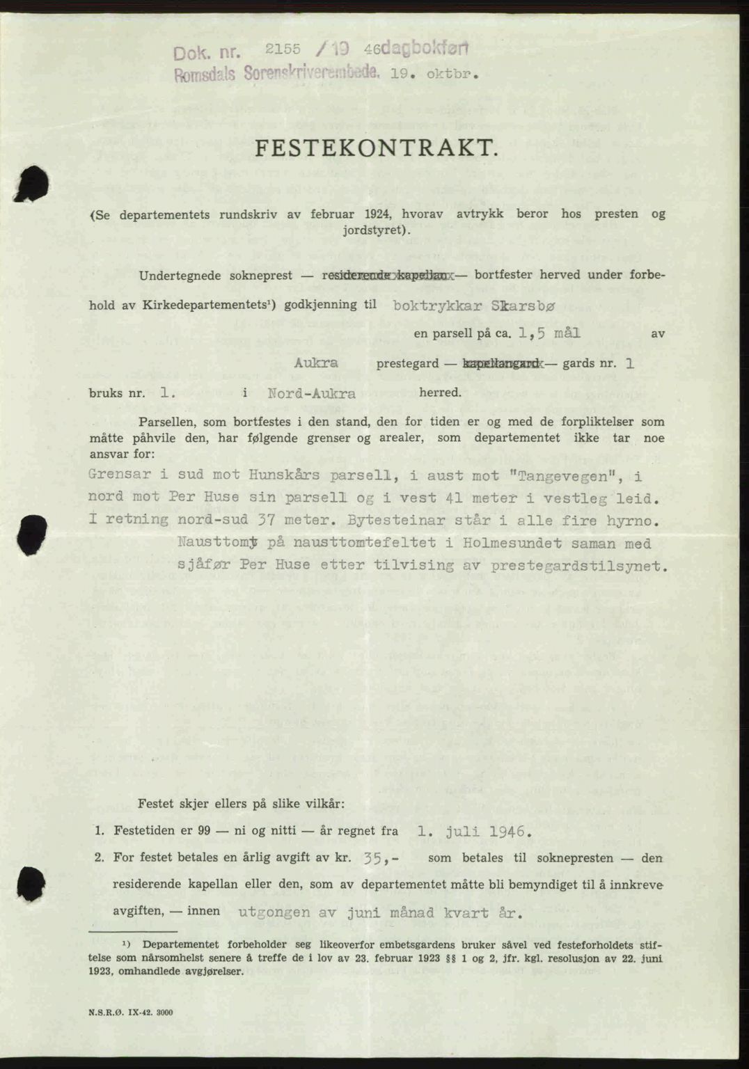 Romsdal sorenskriveri, AV/SAT-A-4149/1/2/2C: Mortgage book no. A21, 1946-1946, Diary no: : 2155/1946